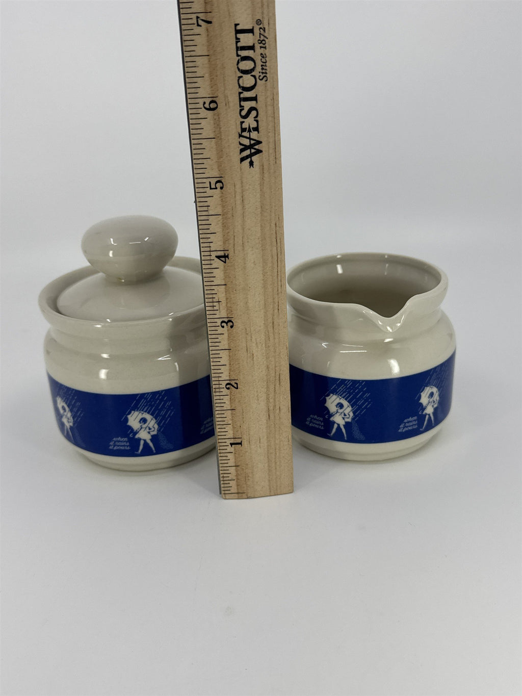 Vintage Morton Salt Umbrella Girl White And Blue Cream And Sugar Set