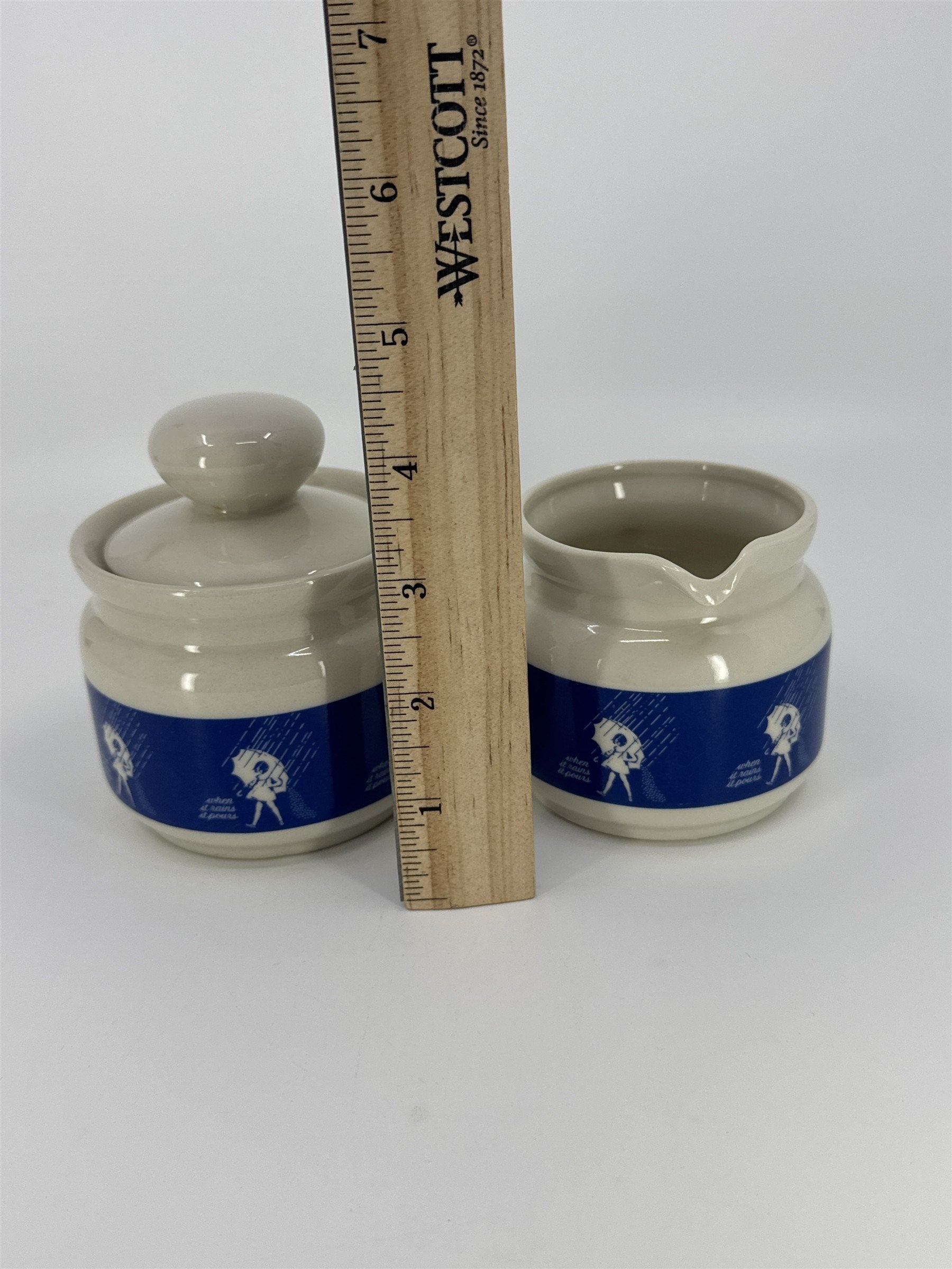 Vintage Morton Salt Umbrella Girl White And Blue Cream And Sugar Set