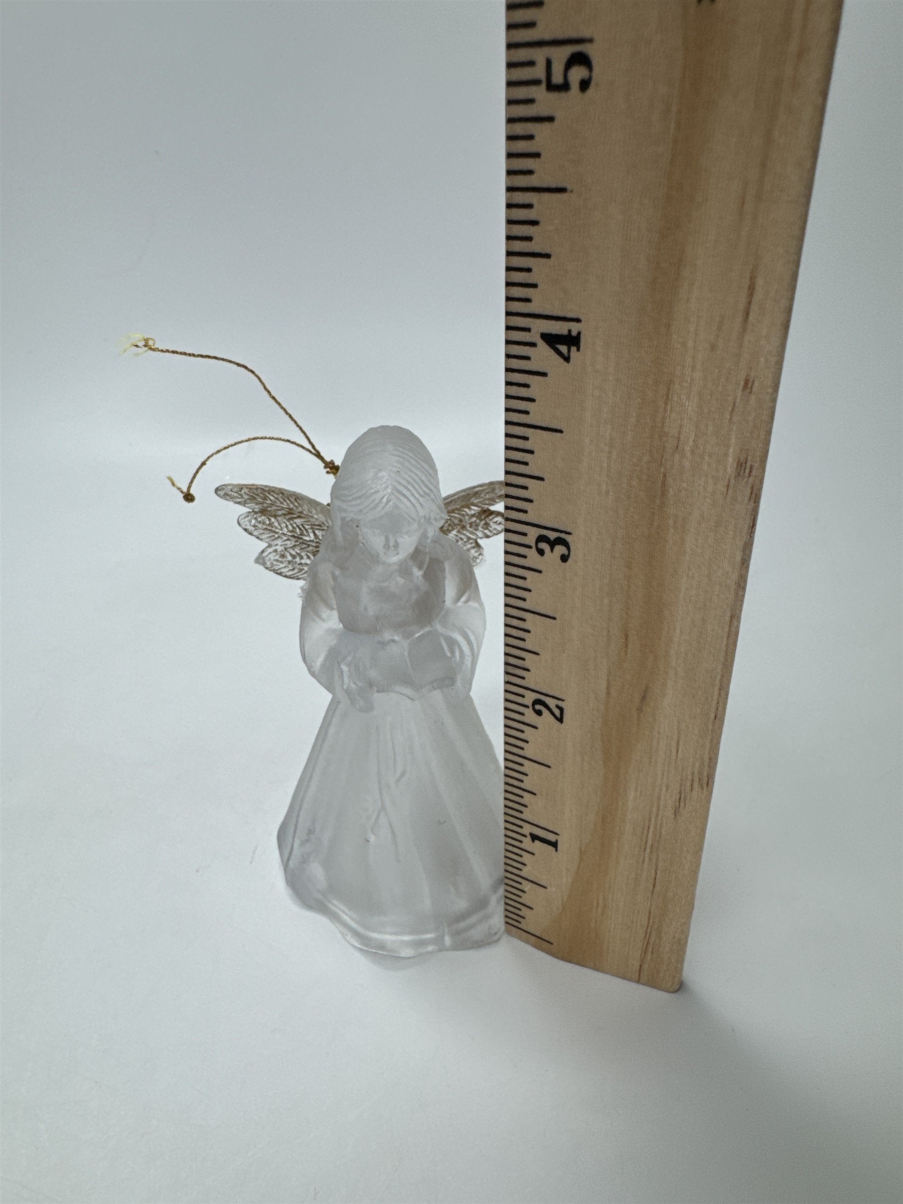 Frosted Acrylic Angel Ornament Christmas Figurine Reading Book Clear Vtg