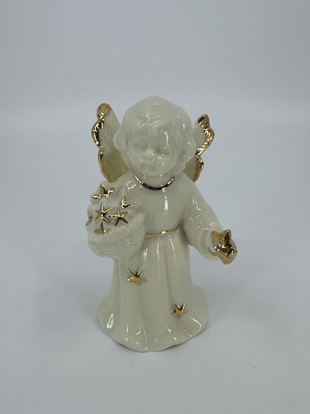 Vintage Porcelain White Christmas Angel Bell Holding Gold Stars