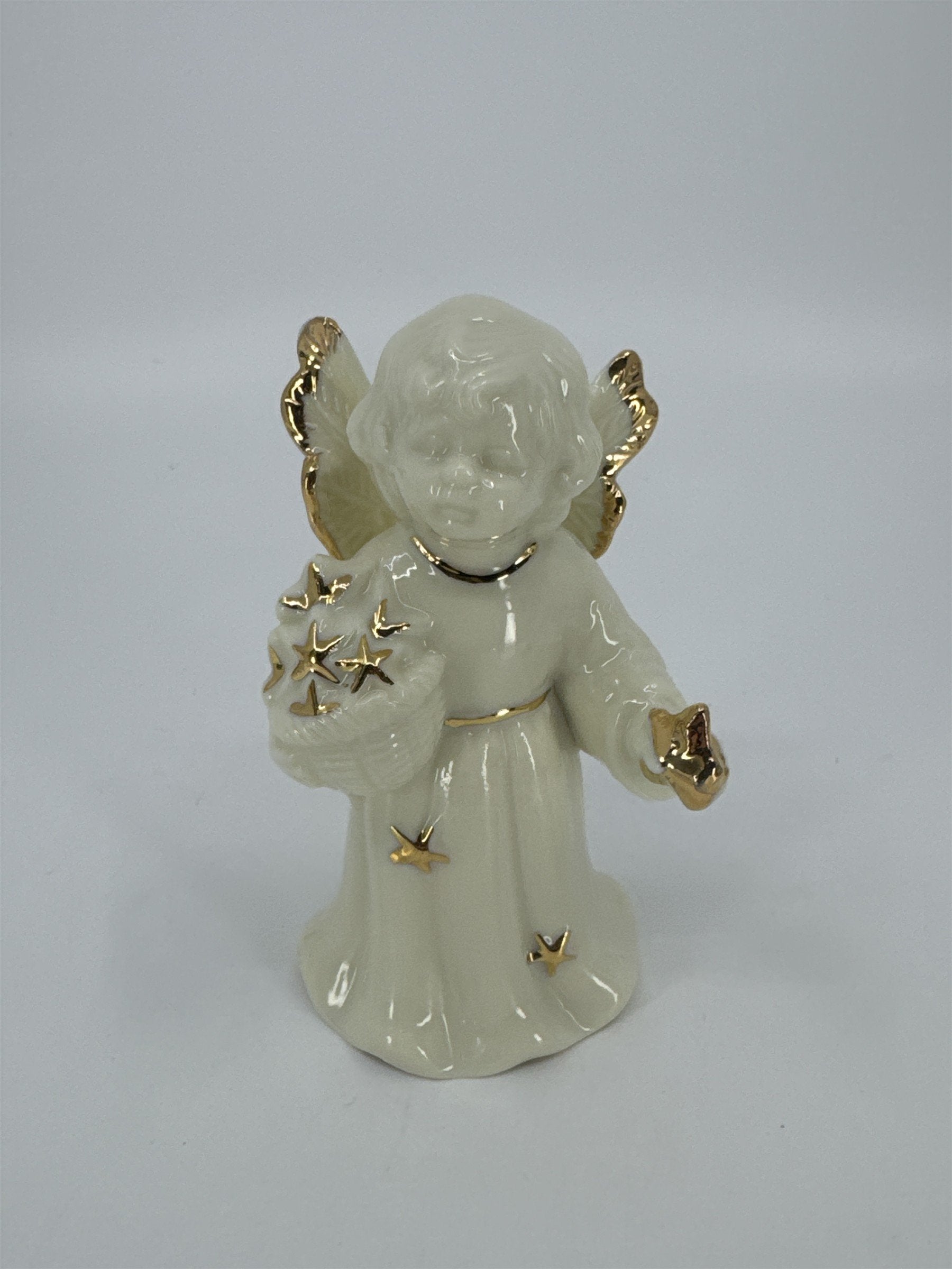 Vintage Porcelain White Christmas Angel Bell Holding Gold Stars