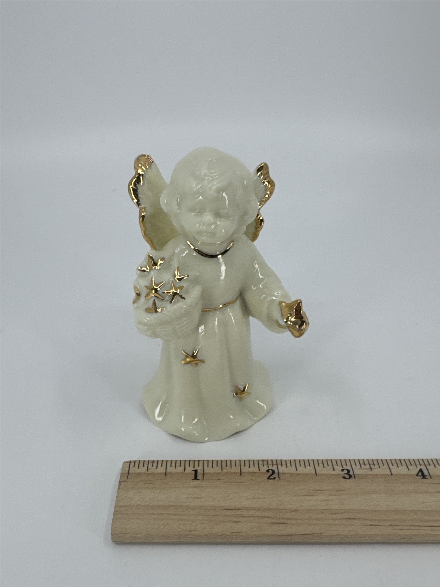 Vintage Porcelain White Christmas Angel Bell Holding Gold Stars