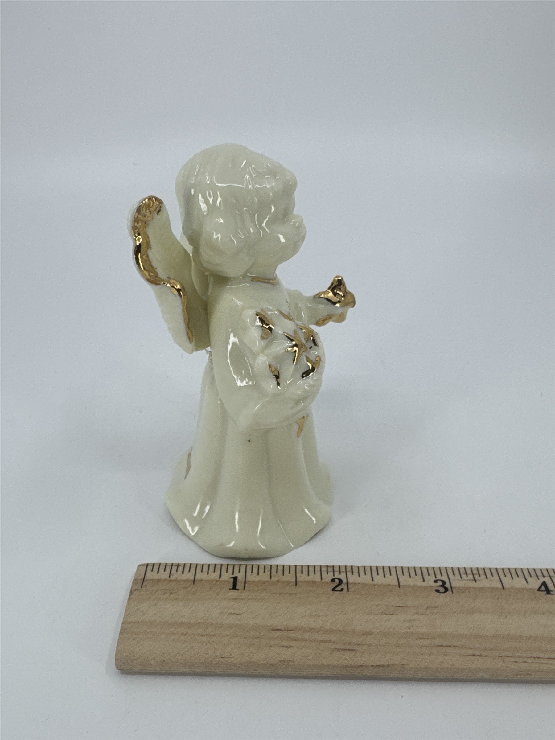 Vintage Porcelain White Christmas Angel Bell Holding Gold Stars