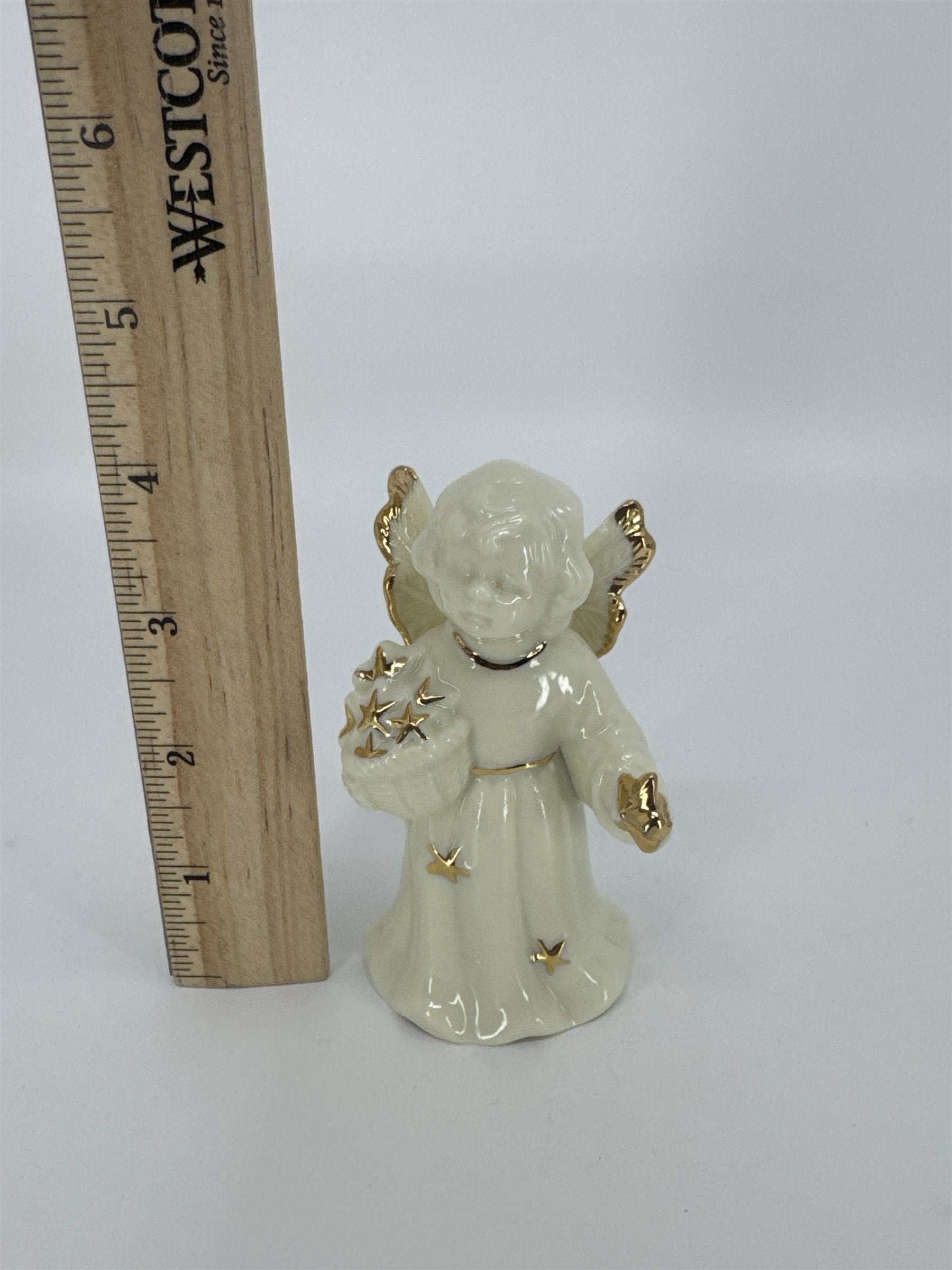 Vintage Porcelain White Christmas Angel Bell Holding Gold Stars