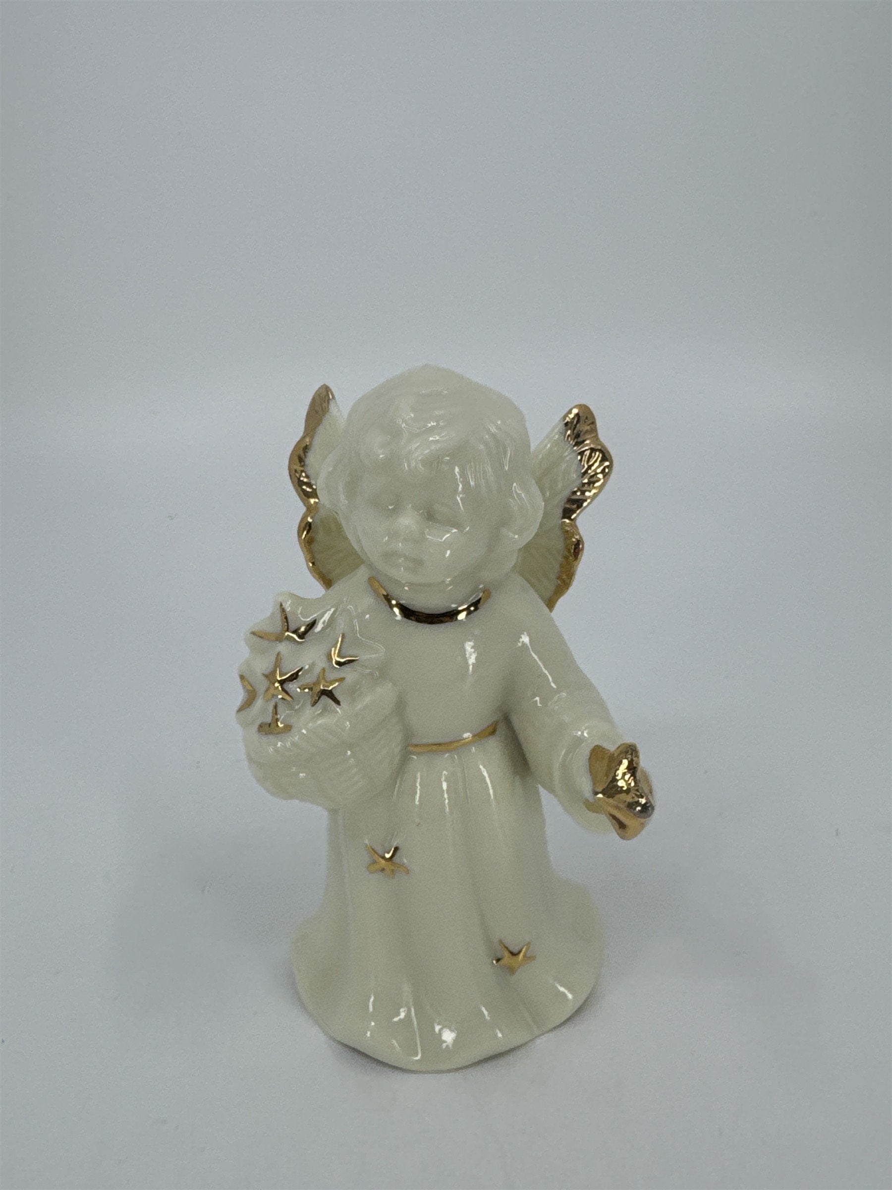 Vintage Porcelain White Christmas Angel Bell Holding Gold Stars