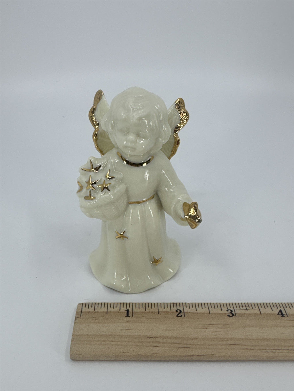 Vintage Porcelain White Christmas Angel Bell Holding Gold Stars