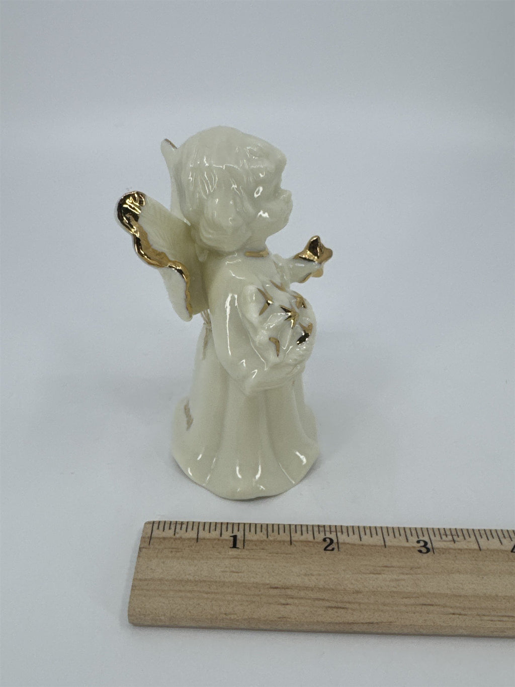 Vintage Porcelain White Christmas Angel Bell Holding Gold Stars