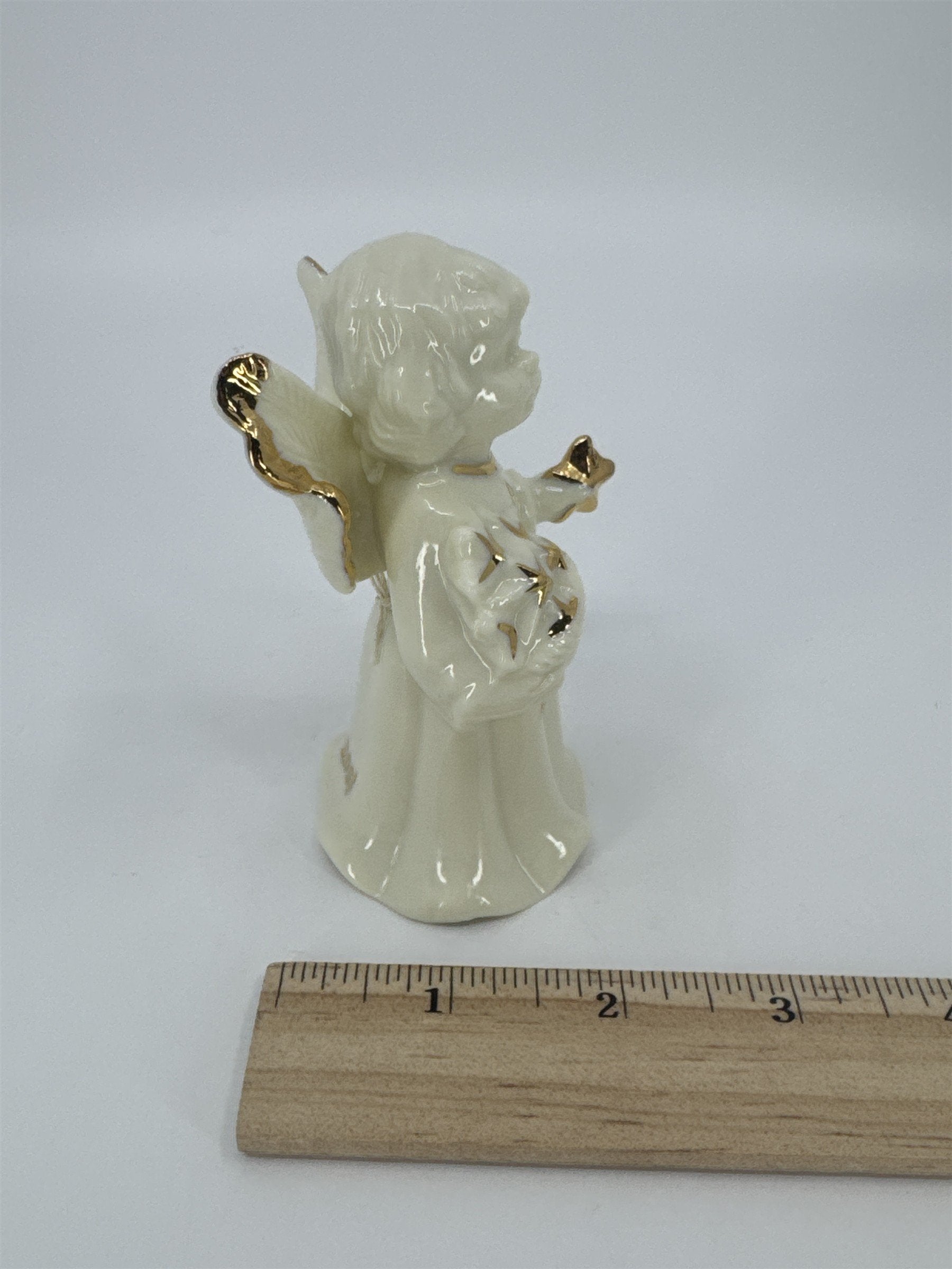 Vintage Porcelain White Christmas Angel Bell Holding Gold Stars