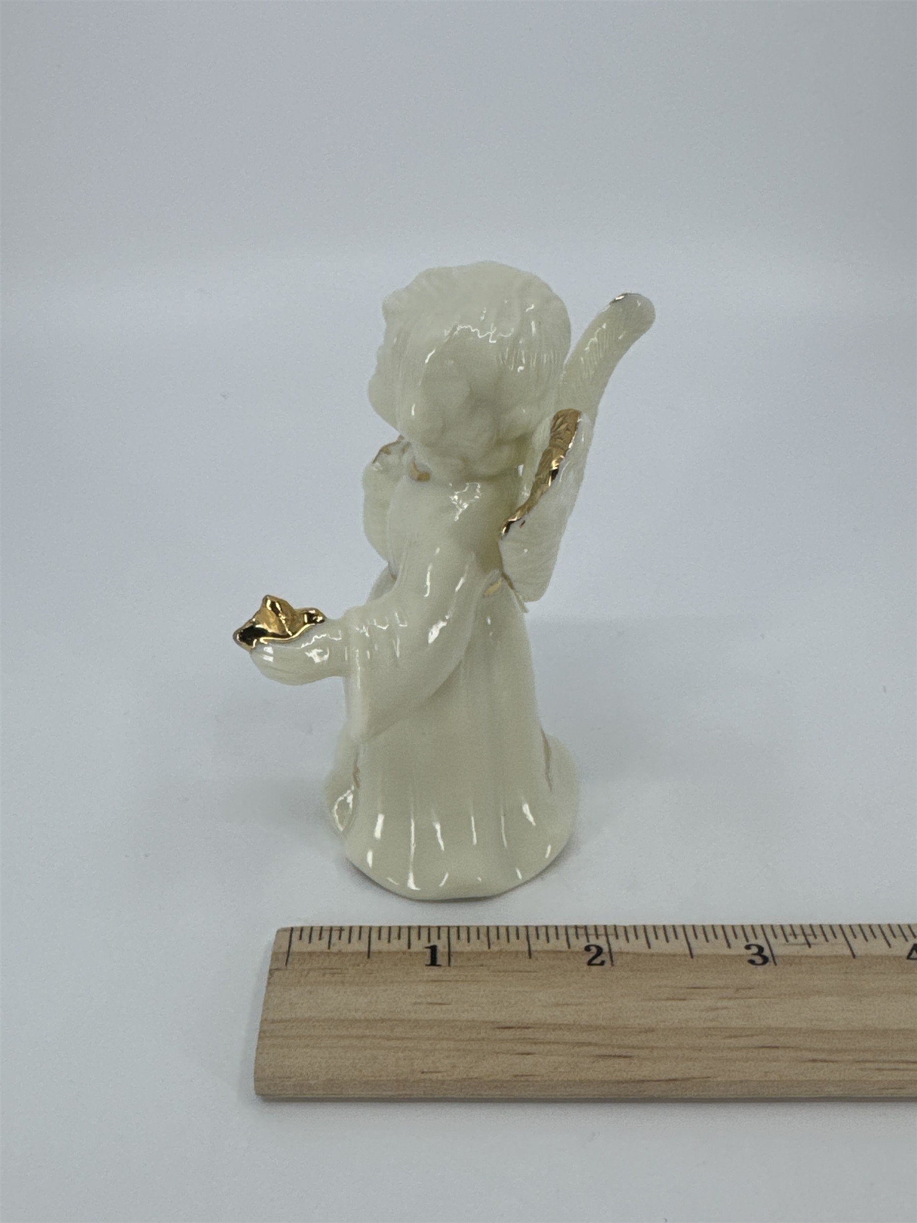 Vintage Porcelain White Christmas Angel Bell Holding Gold Stars