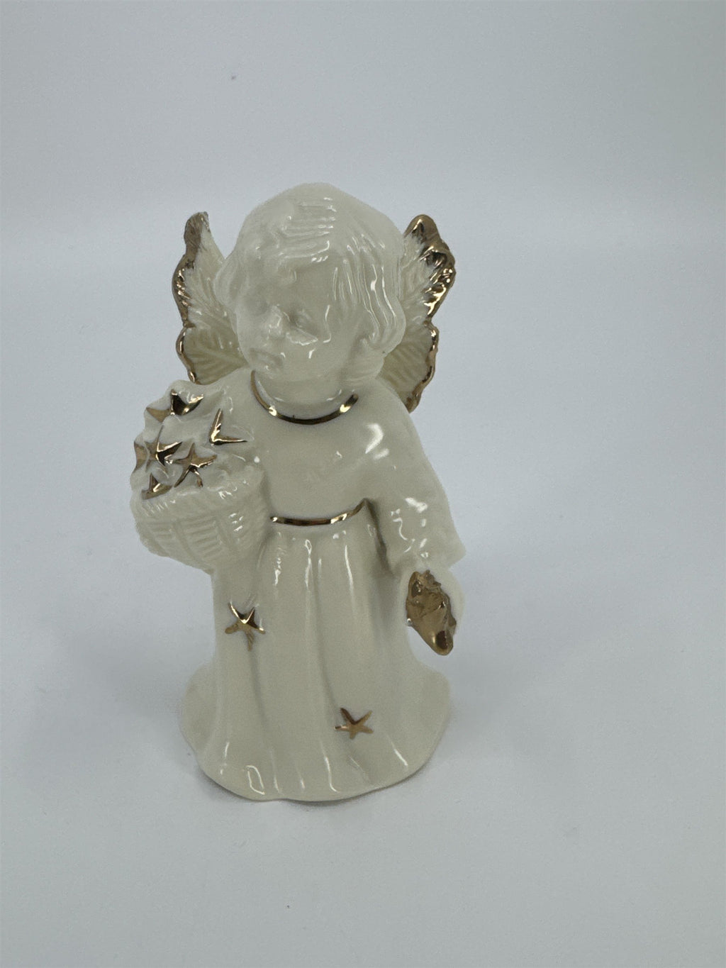 Vintage Porcelain White Christmas Angel Bell Holding Gold Stars