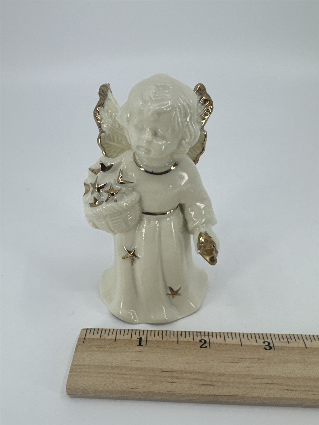 Vintage Porcelain White Christmas Angel Bell Holding Gold Stars