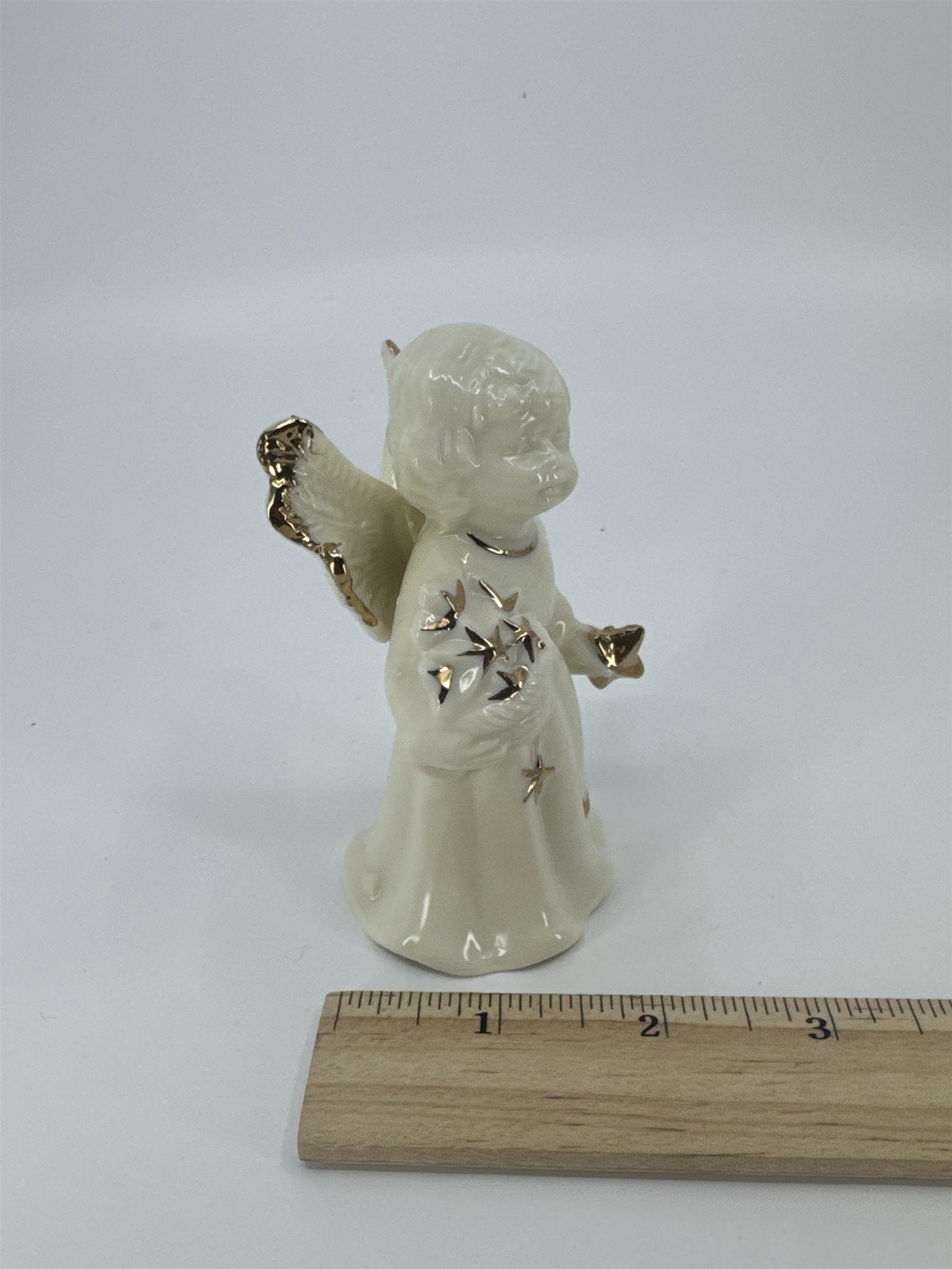 Vintage Porcelain White Christmas Angel Bell Holding Gold Stars