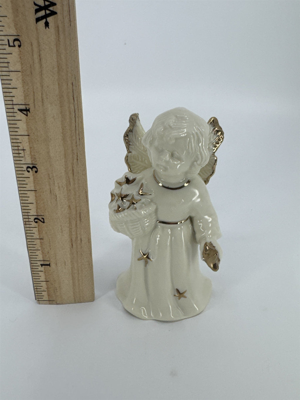 Vintage Porcelain White Christmas Angel Bell Holding Gold Stars