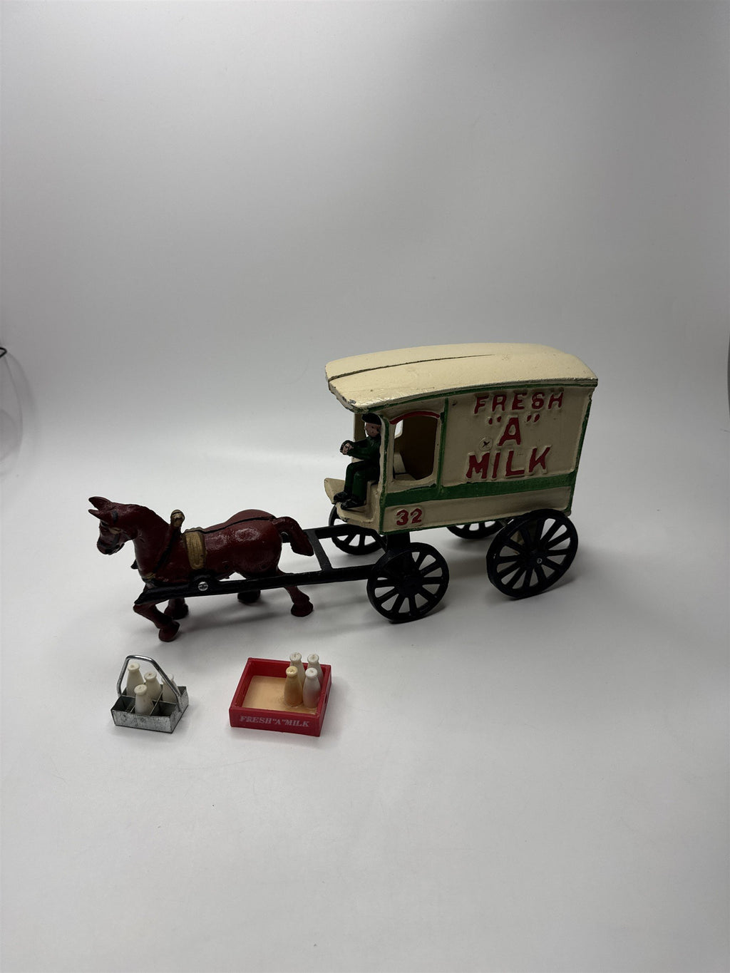 Vtg Cast Iron Fresh A Milk Horse Drawn Wagon Cart Toy w/ Milk Bottles