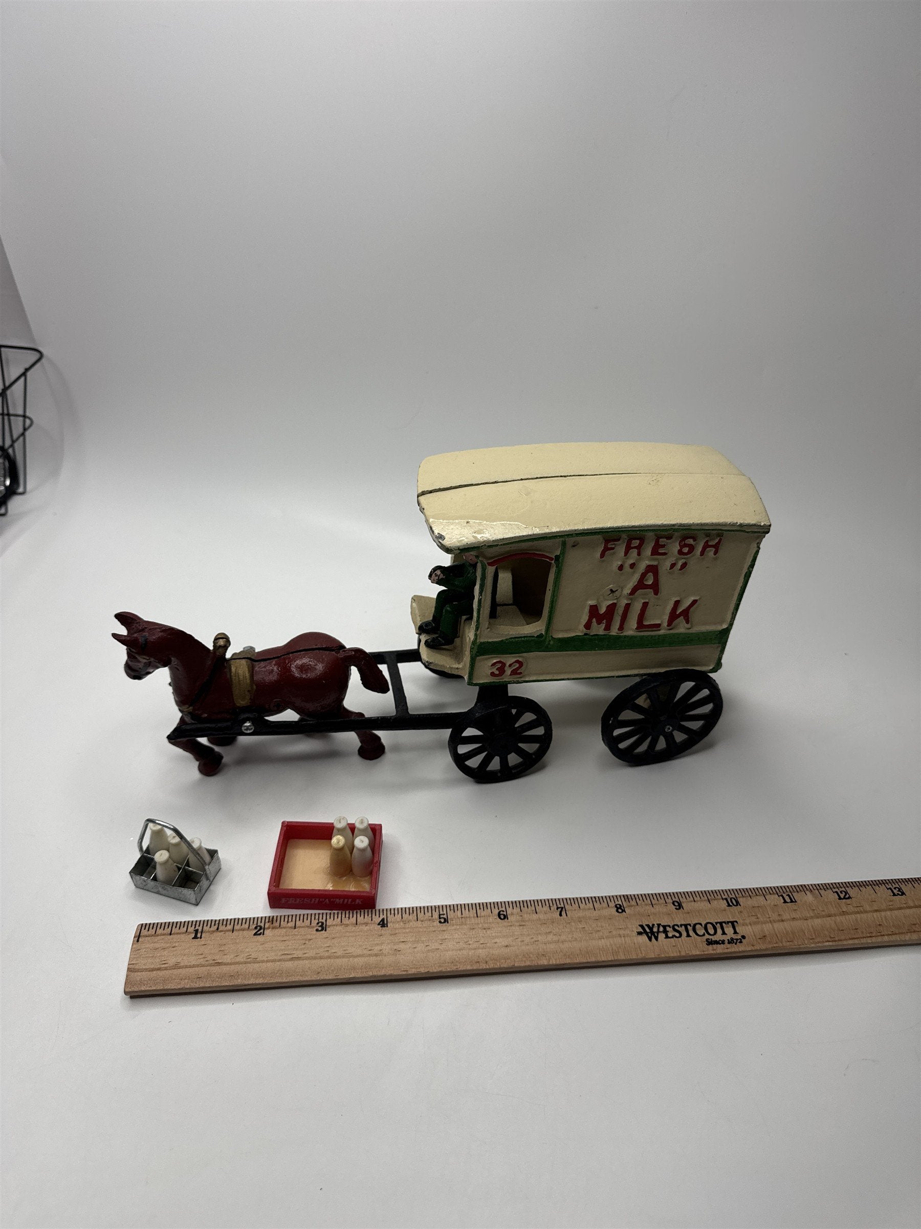 Vtg Cast Iron Fresh A Milk Horse Drawn Wagon Cart Toy w/ Milk Bottles