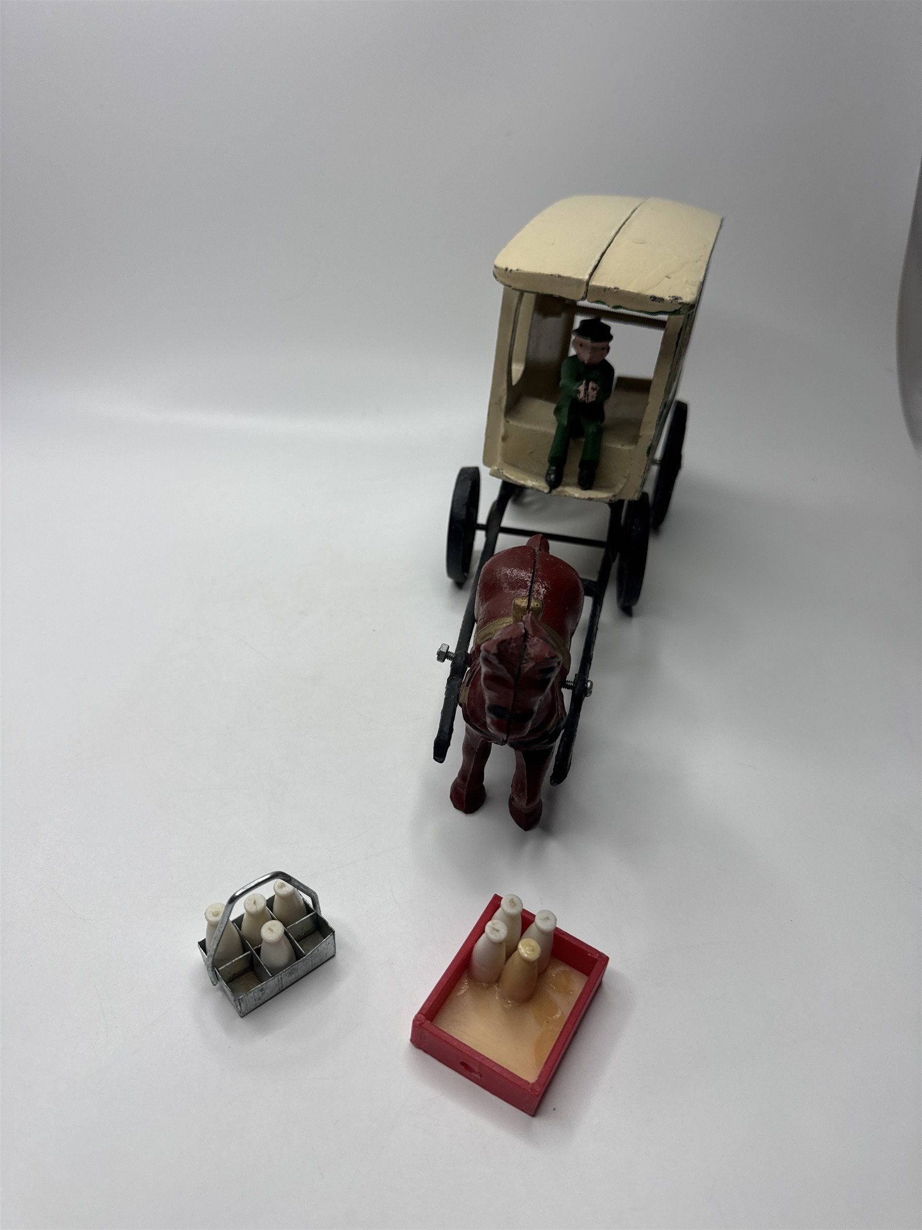 Vtg Cast Iron Fresh A Milk Horse Drawn Wagon Cart Toy w/ Milk Bottles