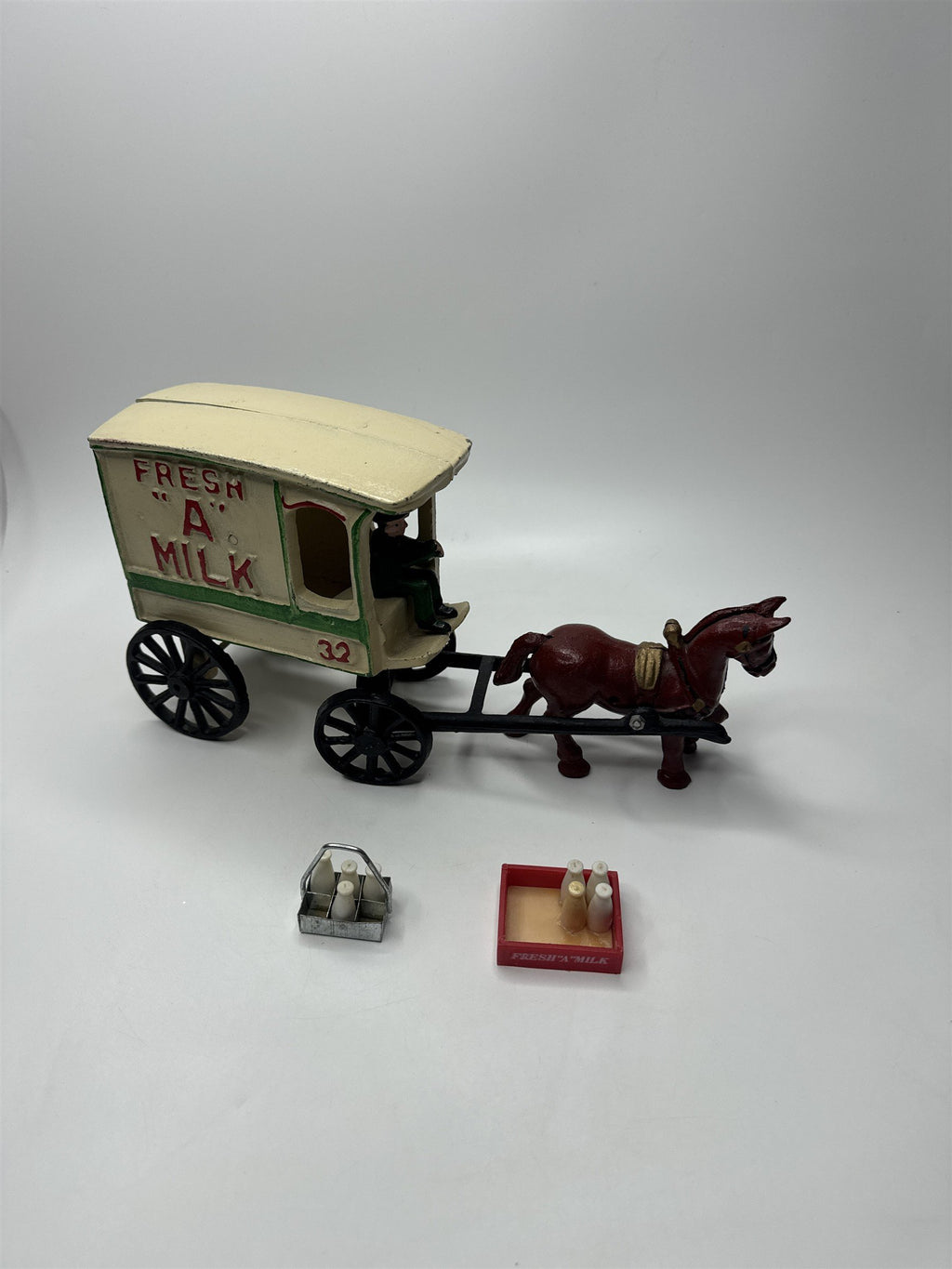 Vtg Cast Iron Fresh A Milk Horse Drawn Wagon Cart Toy w/ Milk Bottles