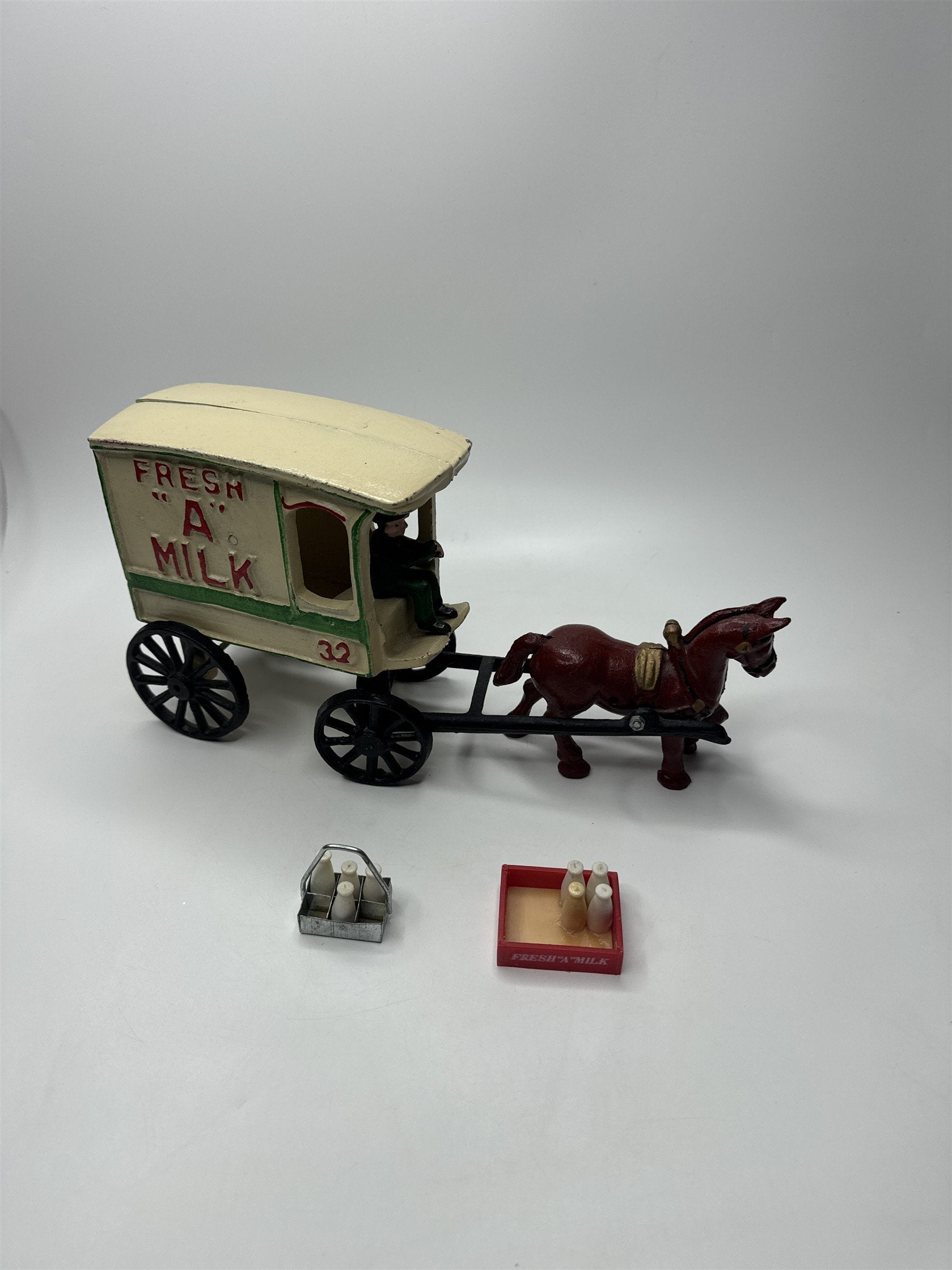 Vtg Cast Iron Fresh A Milk Horse Drawn Wagon Cart Toy w/ Milk Bottles