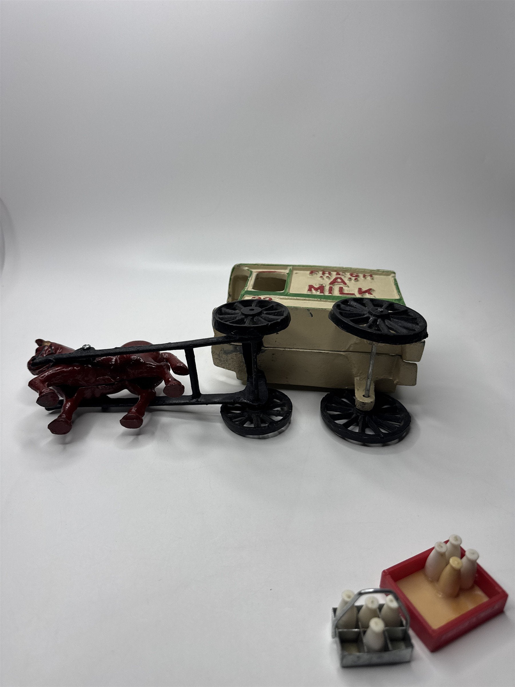Vtg Cast Iron Fresh A Milk Horse Drawn Wagon Cart Toy w/ Milk Bottles