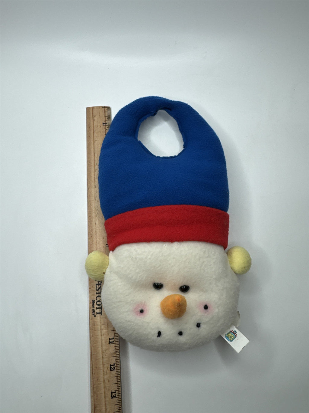 11" Vtg Plush Snowman Doorknob Hanger Christmas Winter Decor Blue Red