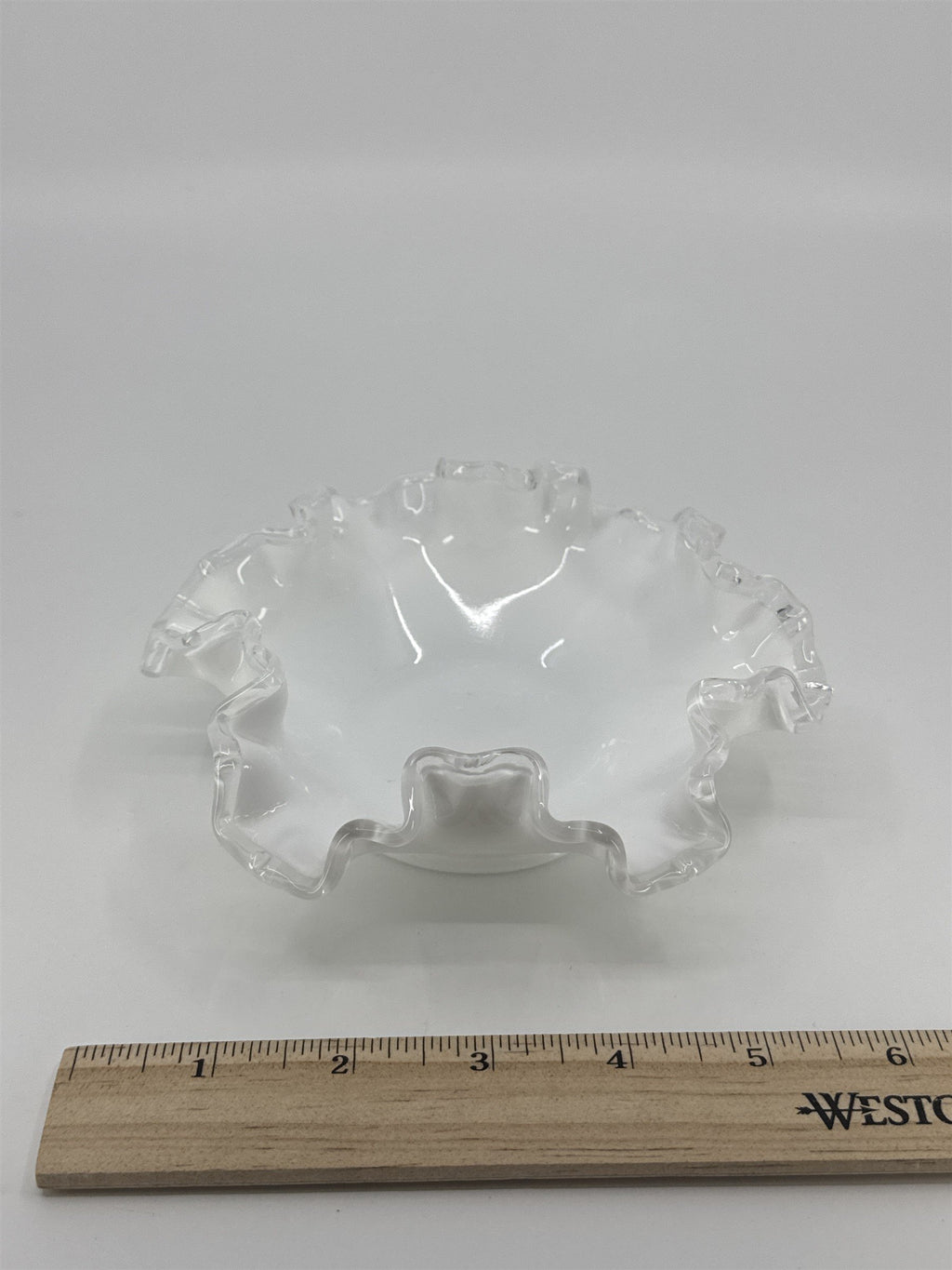 Vintage Fenton Silver Crest White Milk Glass Candy/Trinket Dish Ruffled Edge