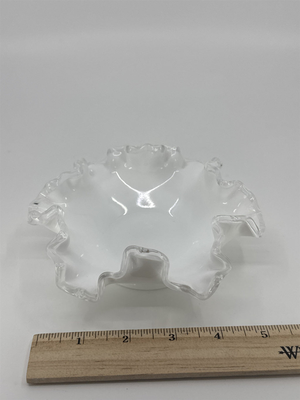 Vintage Fenton Silver Crest White Milk Glass Candy/Trinket Dish Ruffled Edge