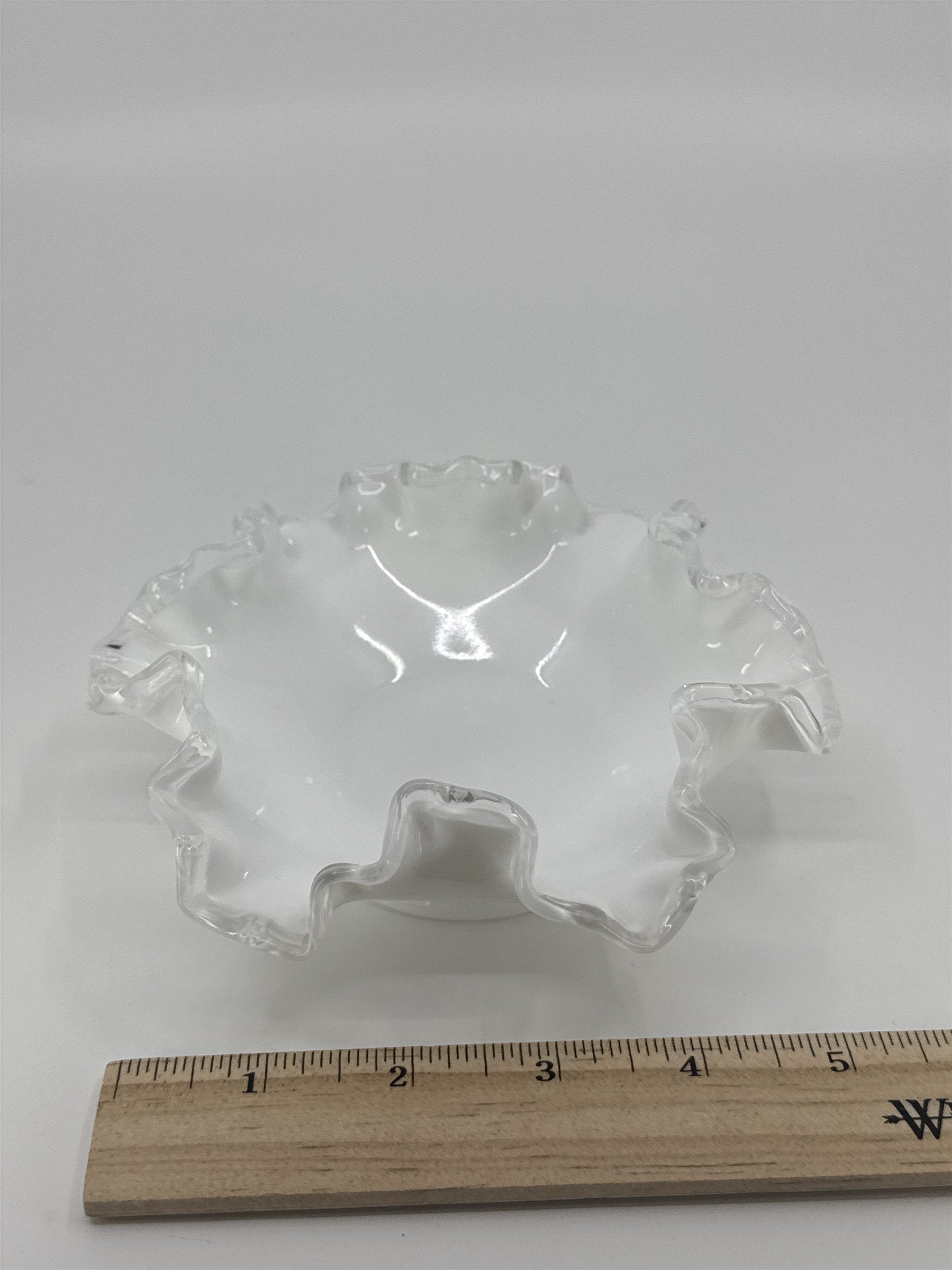 Vintage Fenton Silver Crest White Milk Glass Candy/Trinket Dish Ruffled Edge