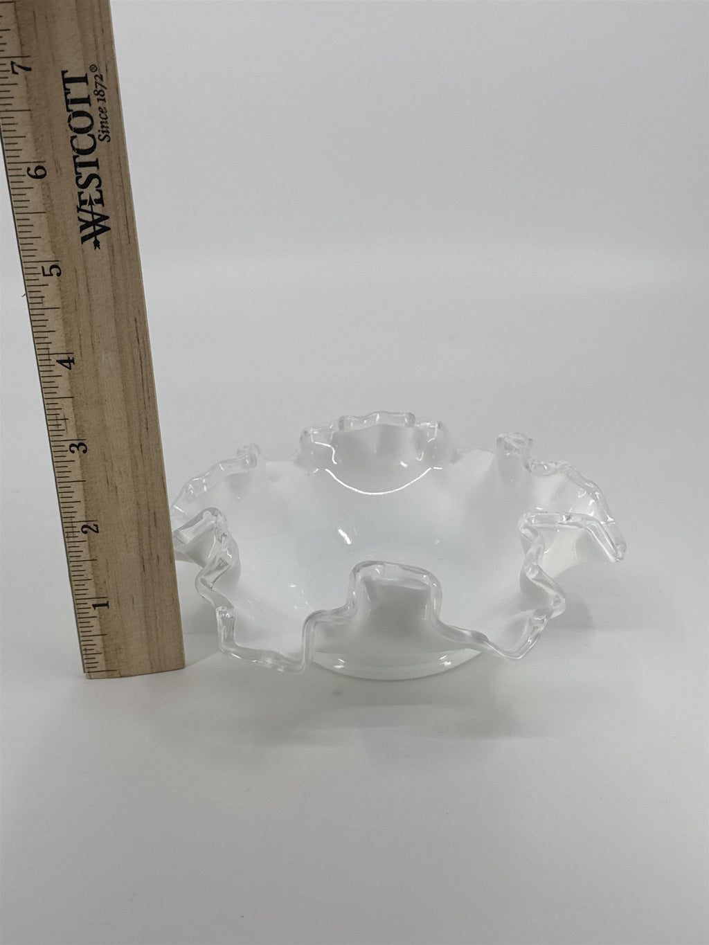 Vintage Fenton Silver Crest White Milk Glass Candy/Trinket Dish Ruffled Edge