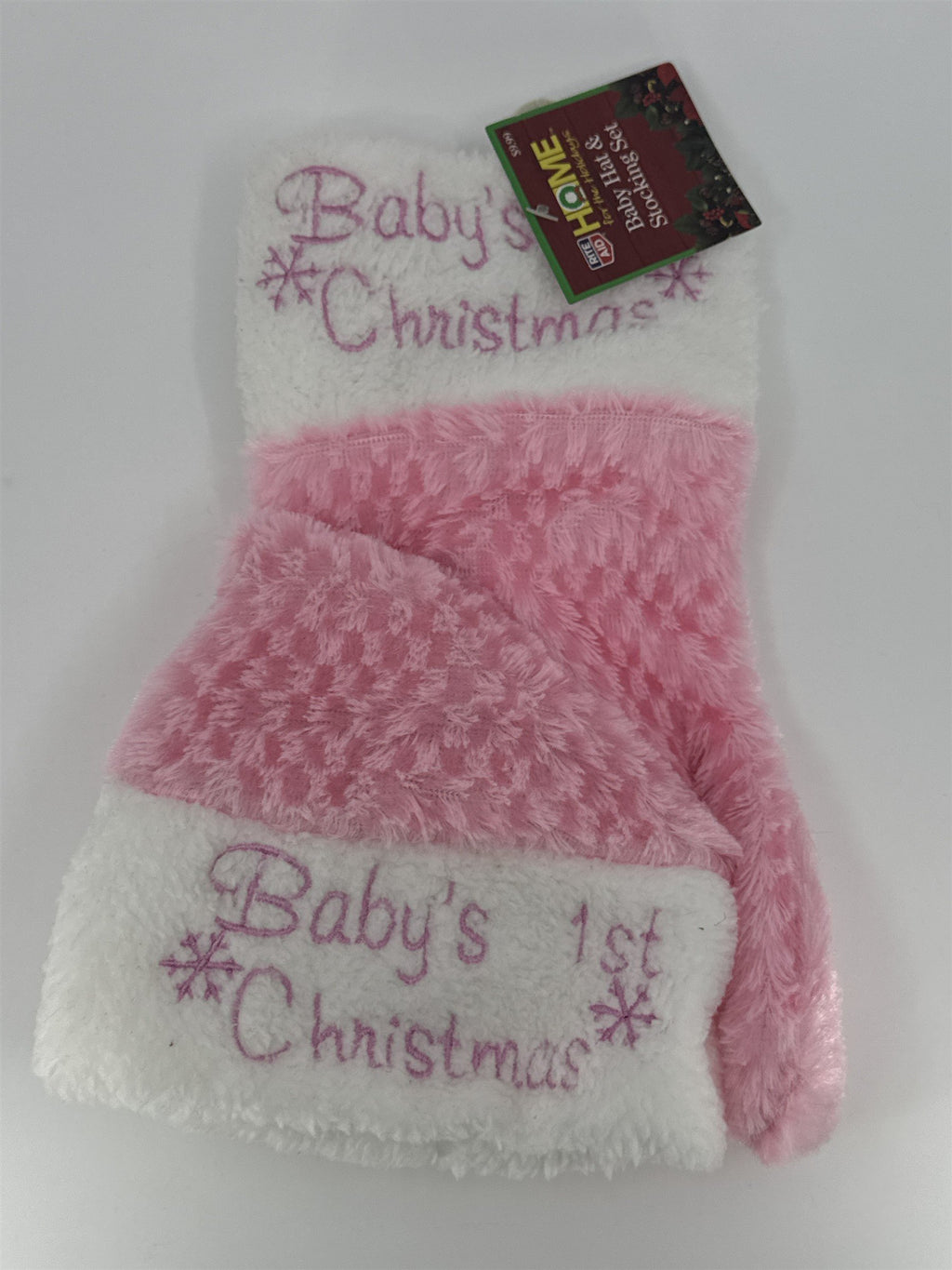 Pink Baby's First Christmas Stocking And Santa Hat W/ Snowflakes