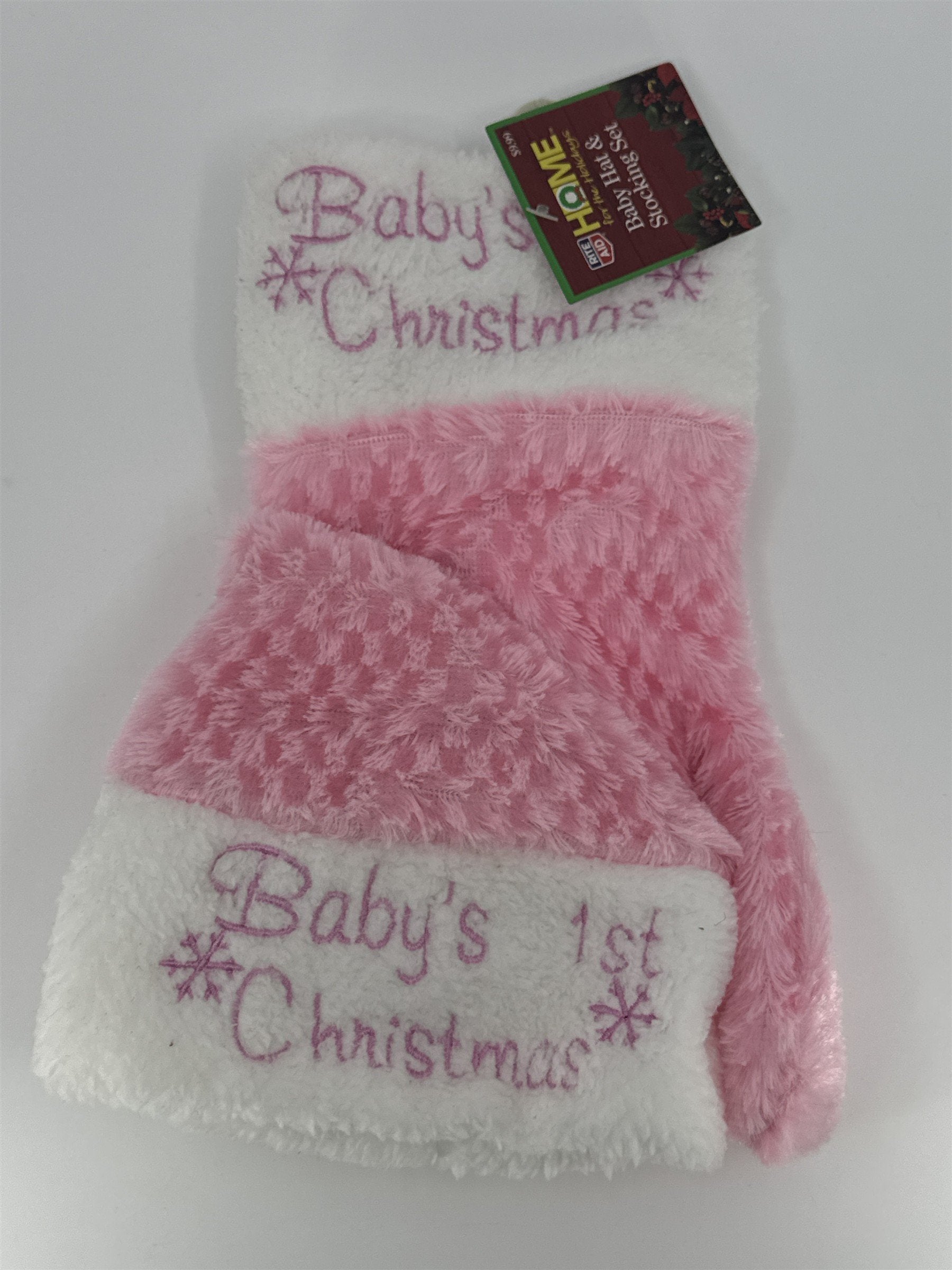 Pink Baby's First Christmas Stocking And Santa Hat W/ Snowflakes