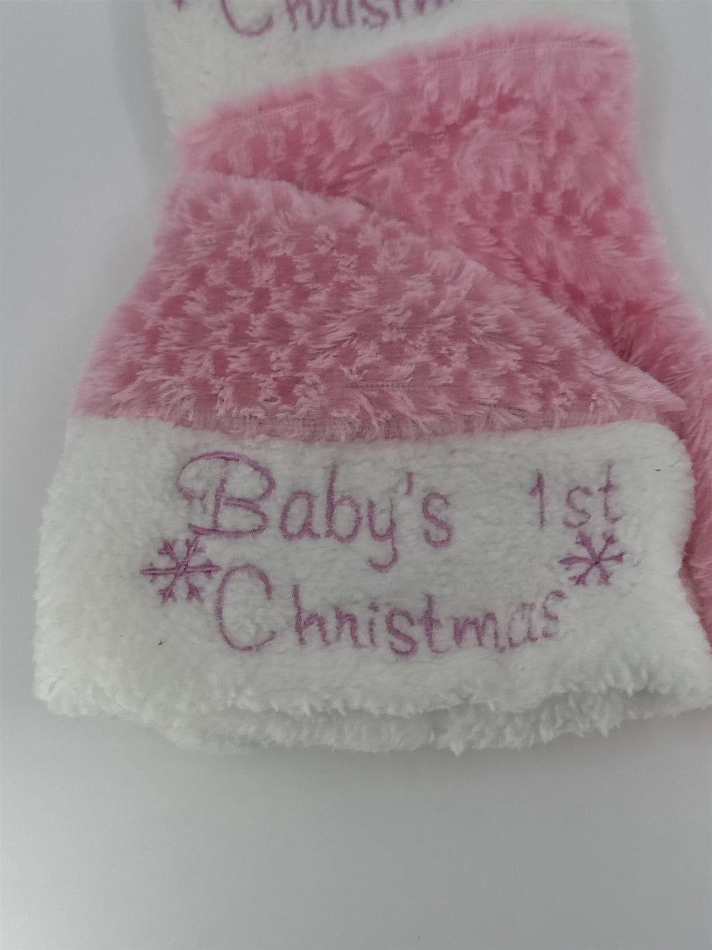 Pink Baby's First Christmas Stocking And Santa Hat W/ Snowflakes