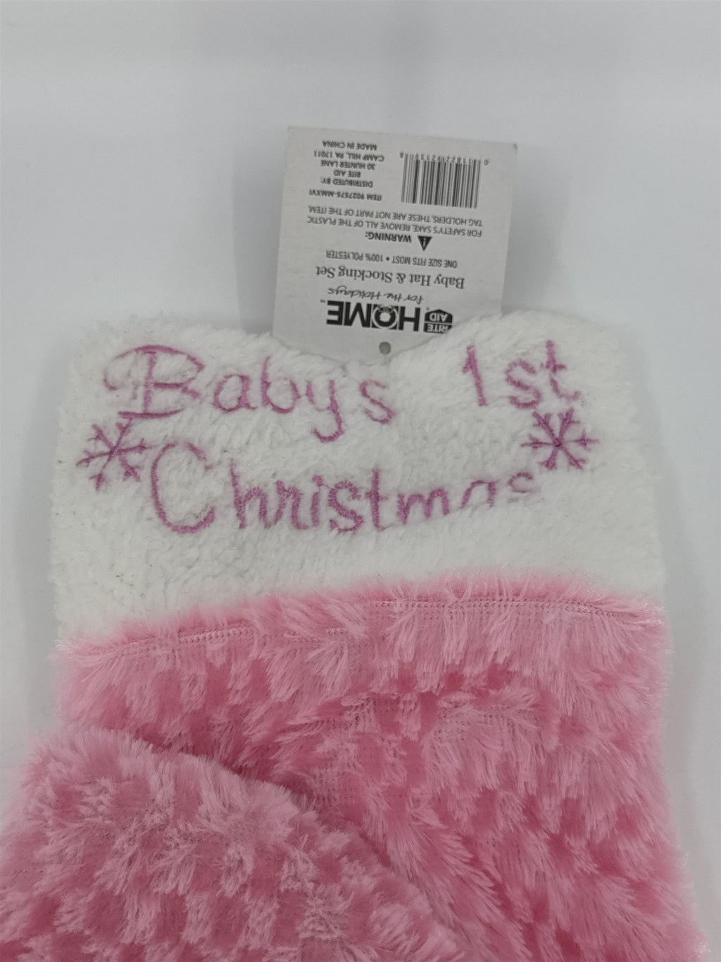 Pink Baby's First Christmas Stocking And Santa Hat W/ Snowflakes