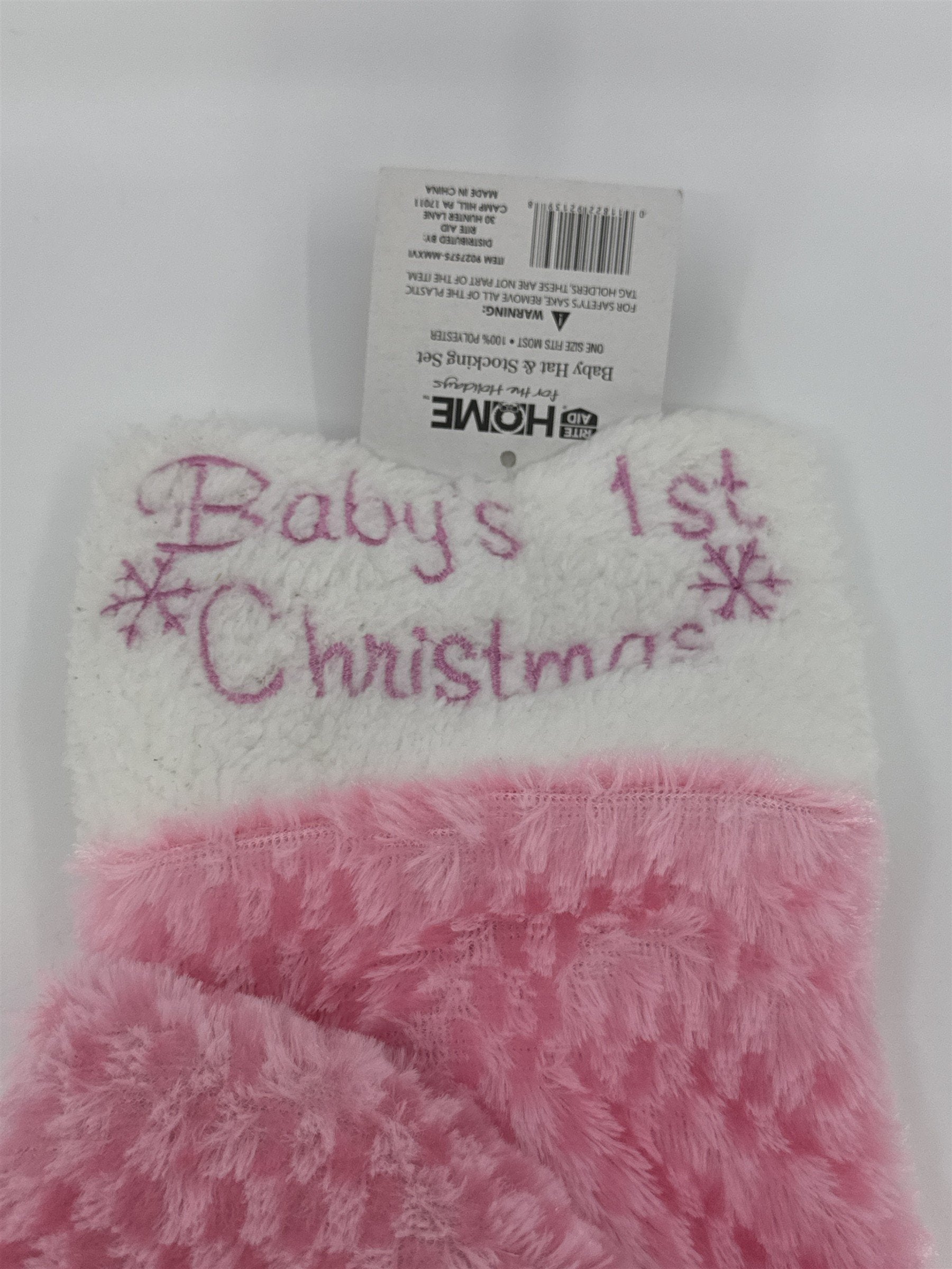 Pink Baby's First Christmas Stocking And Santa Hat W/ Snowflakes