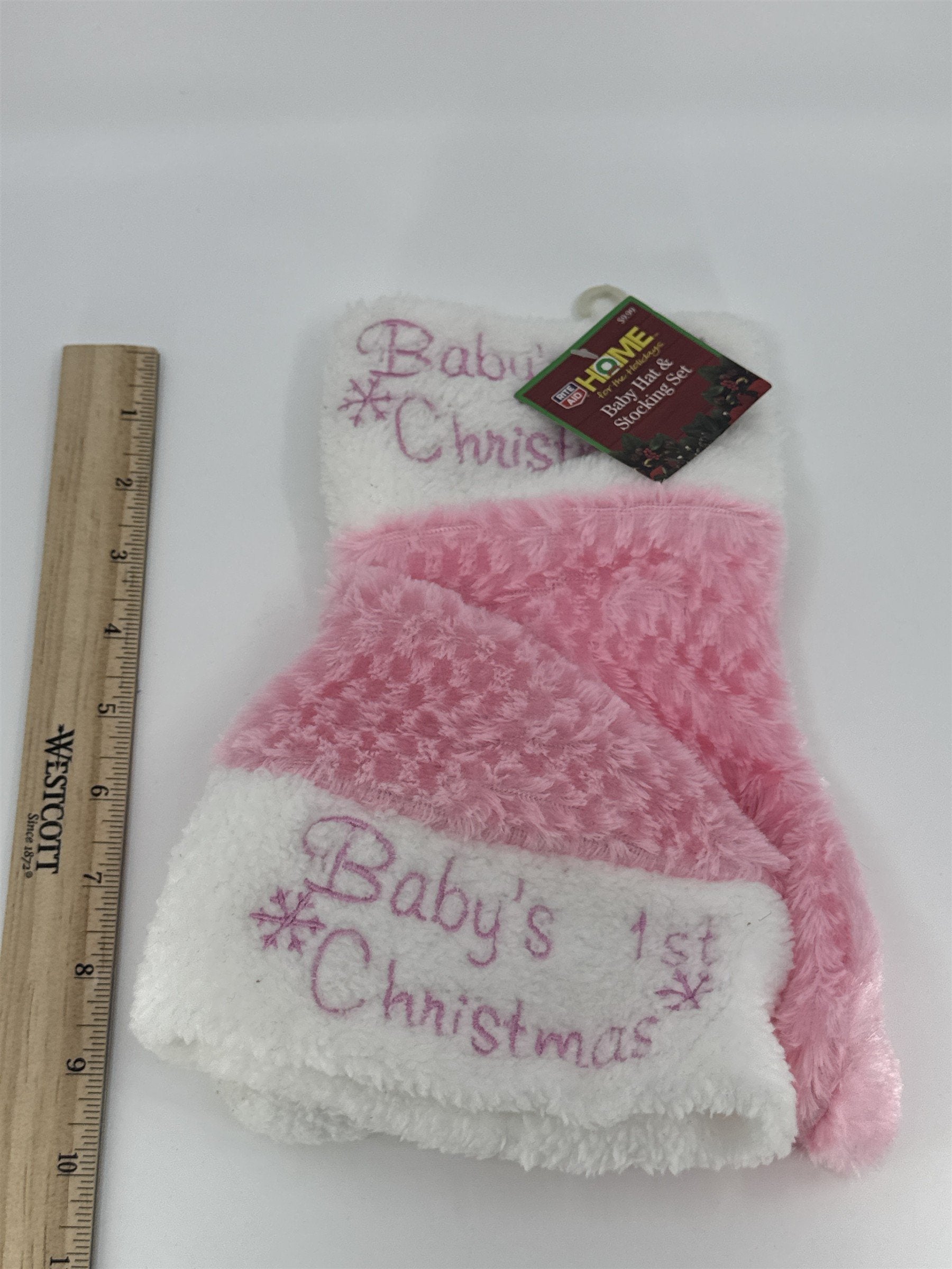 Pink Baby's First Christmas Stocking And Santa Hat W/ Snowflakes