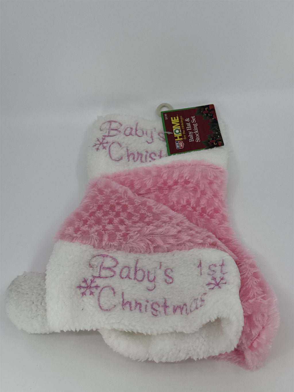 Pink Baby's First Christmas Stocking And Santa Hat W/ Snowflakes