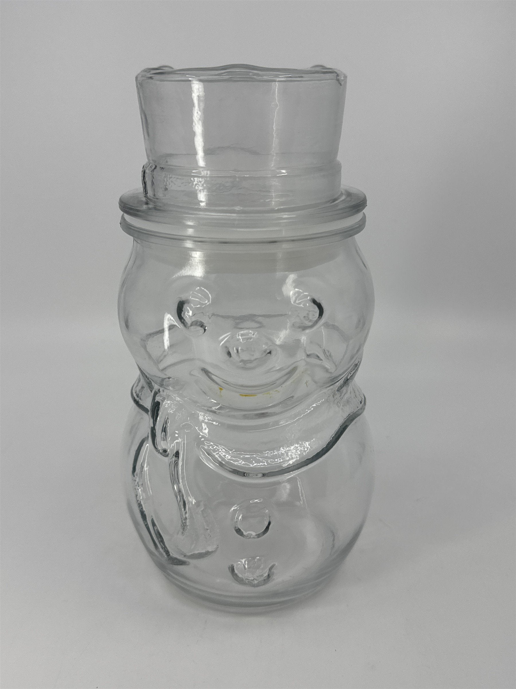 Vintage Libbey Glass Clear Christmas Snowman Cookie/Candy Jar Made In Canada