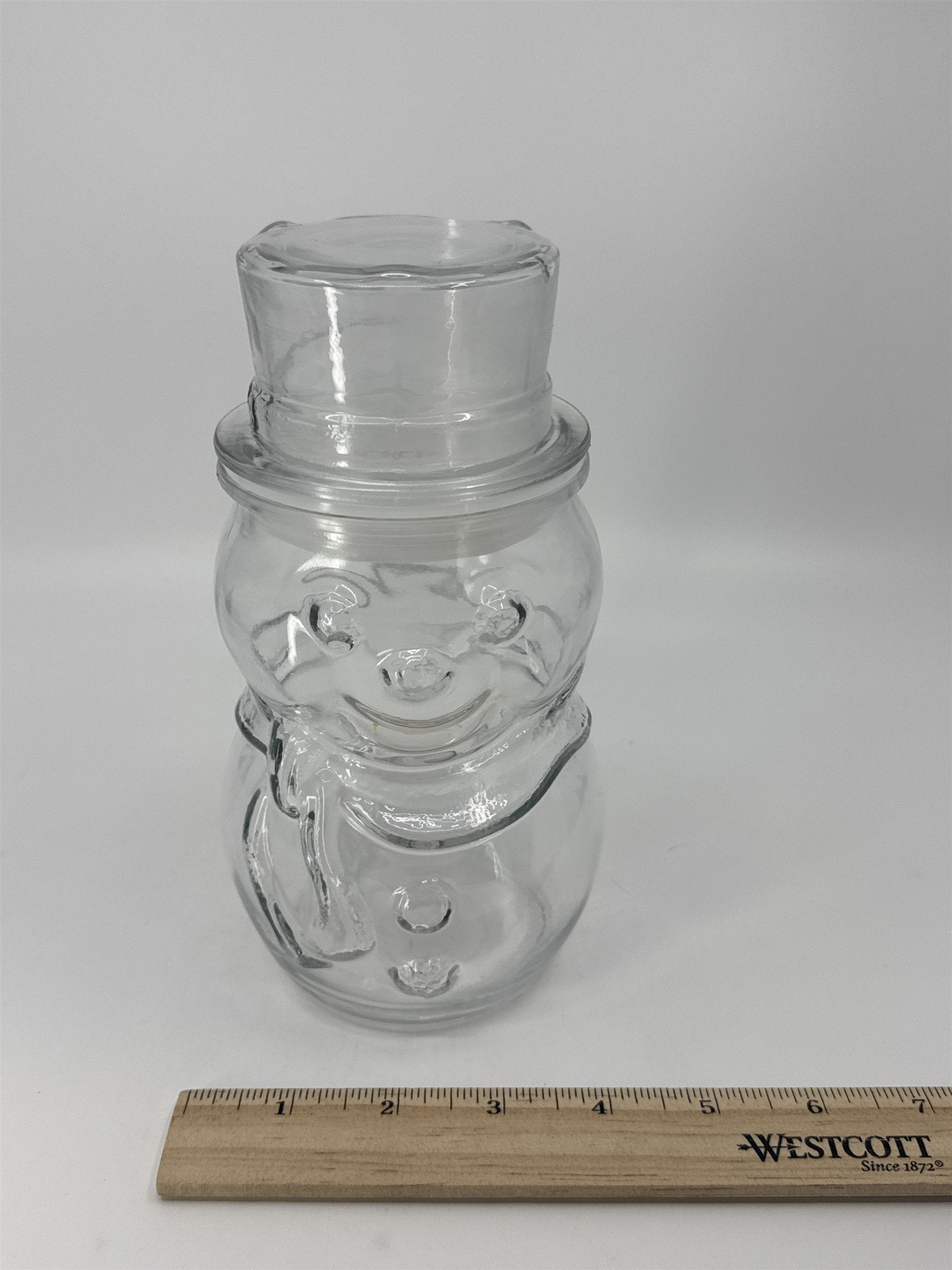 Vintage Libbey Glass Clear Christmas Snowman Cookie/Candy Jar Made In Canada