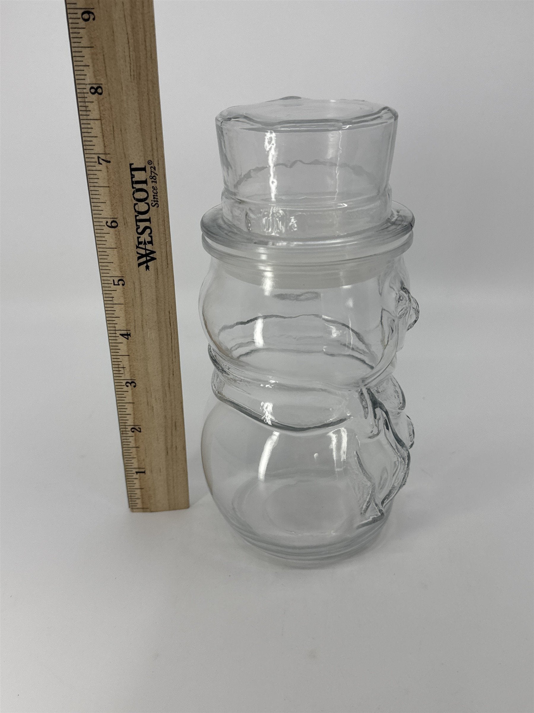 Vintage Libbey Glass Clear Christmas Snowman Cookie/Candy Jar Made In Canada