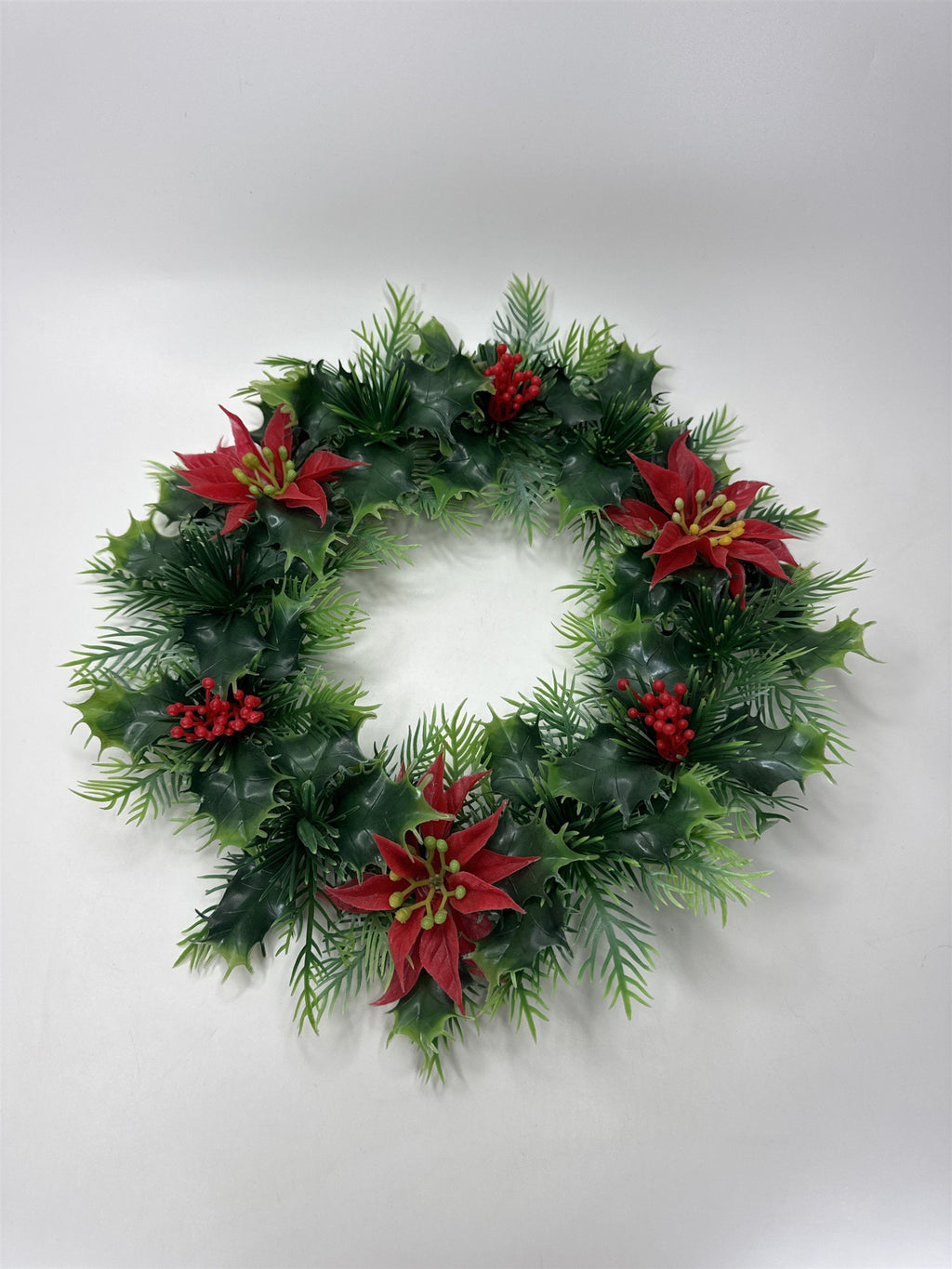 12" Vtg Plastic Christmas Wreath Poinsettia Holly Berries Mid Century