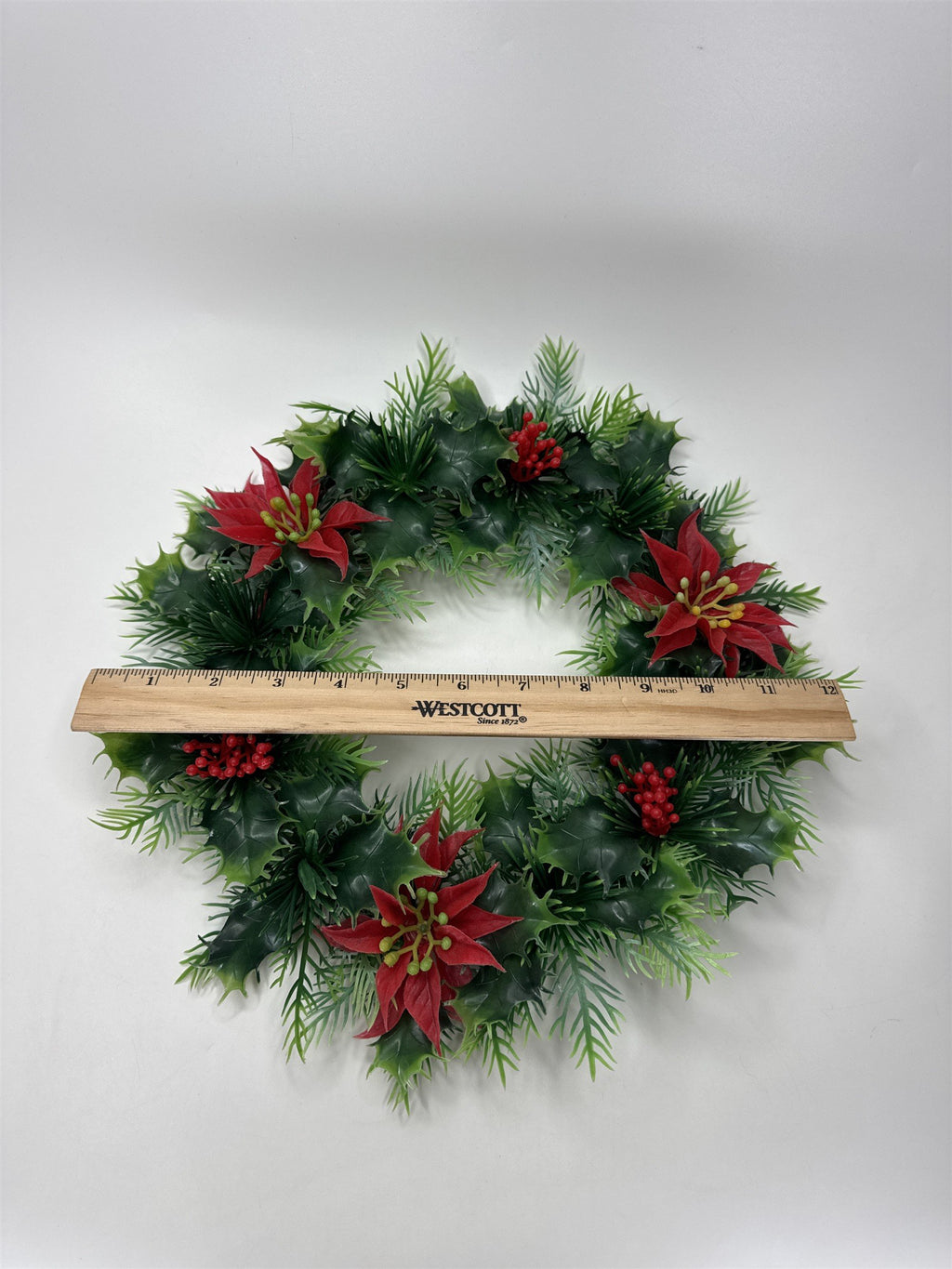 12" Vtg Plastic Christmas Wreath Poinsettia Holly Berries Mid Century