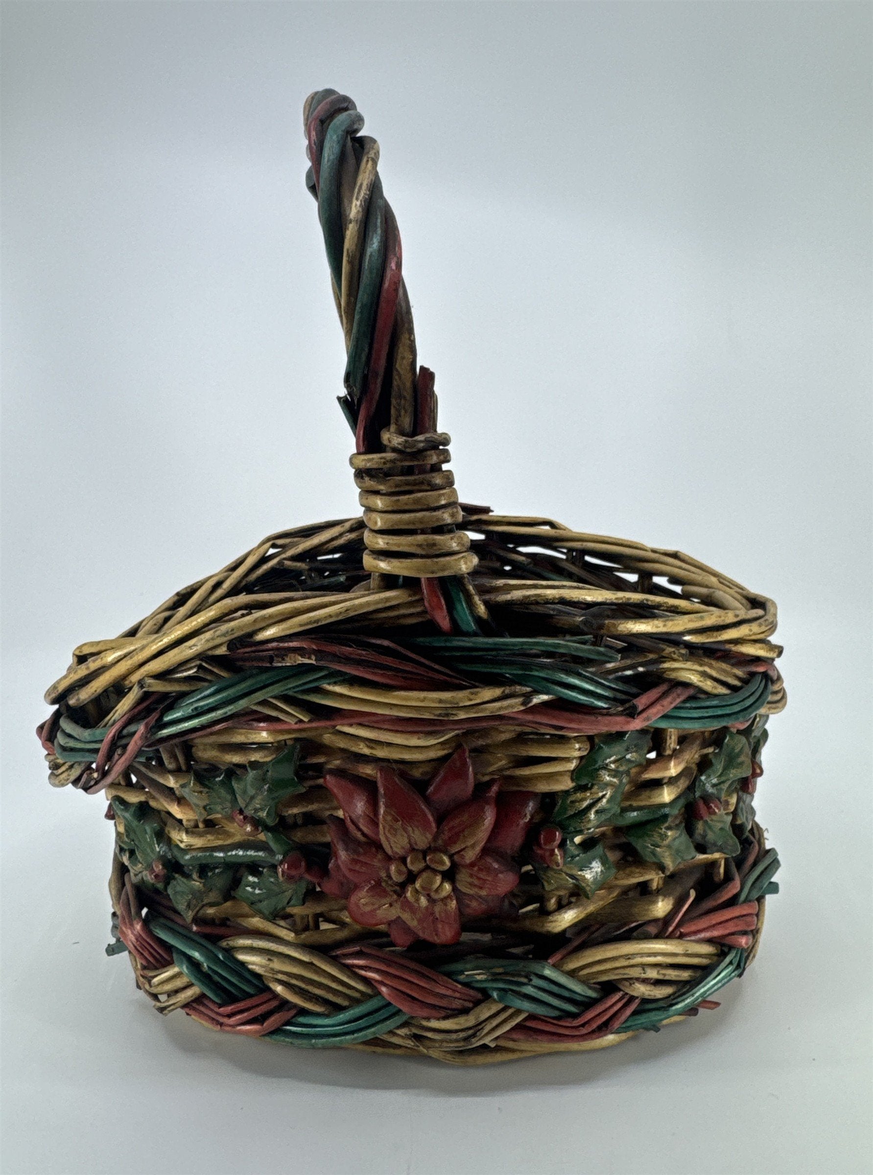 Vintage Christmas Decorative Wicker Basket w/ Poinsettia And Holly Berries