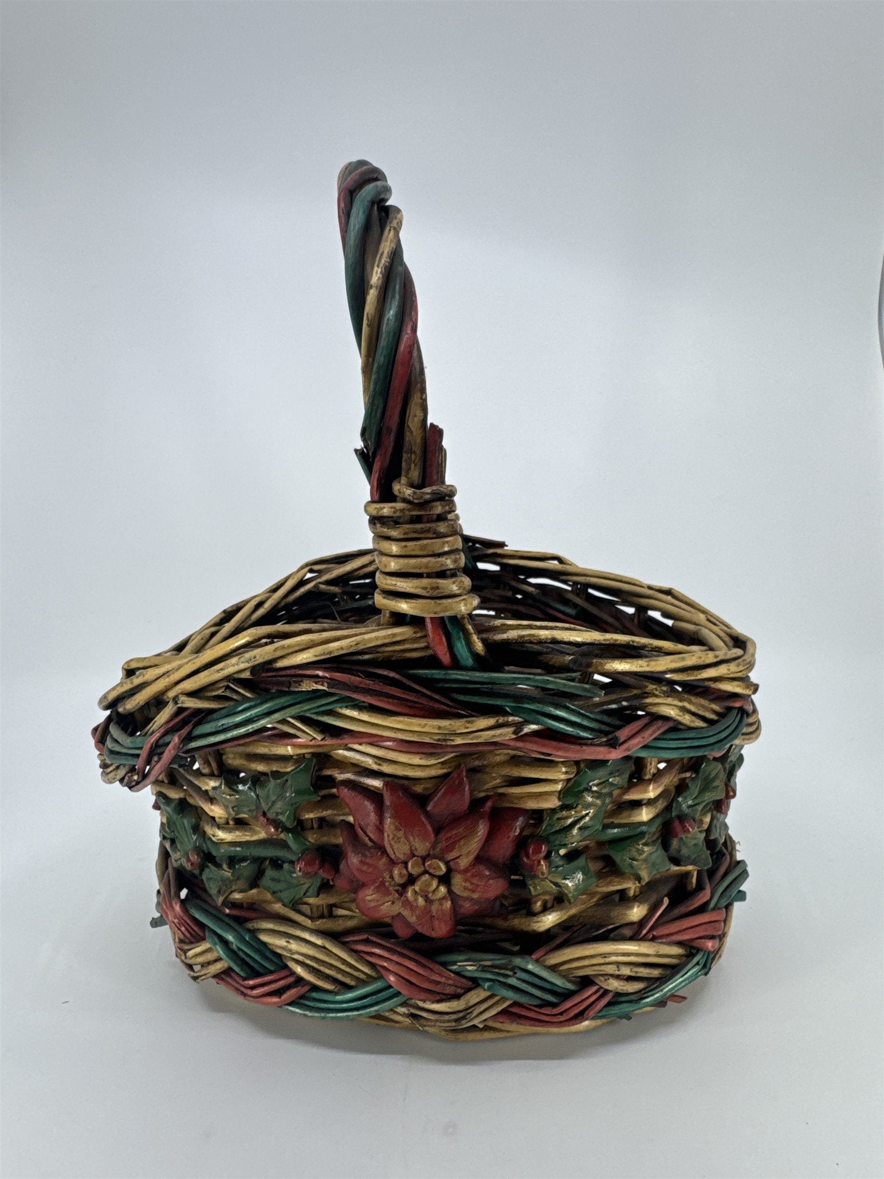 Vintage Christmas Decorative Wicker Basket w/ Poinsettia And Holly Berries