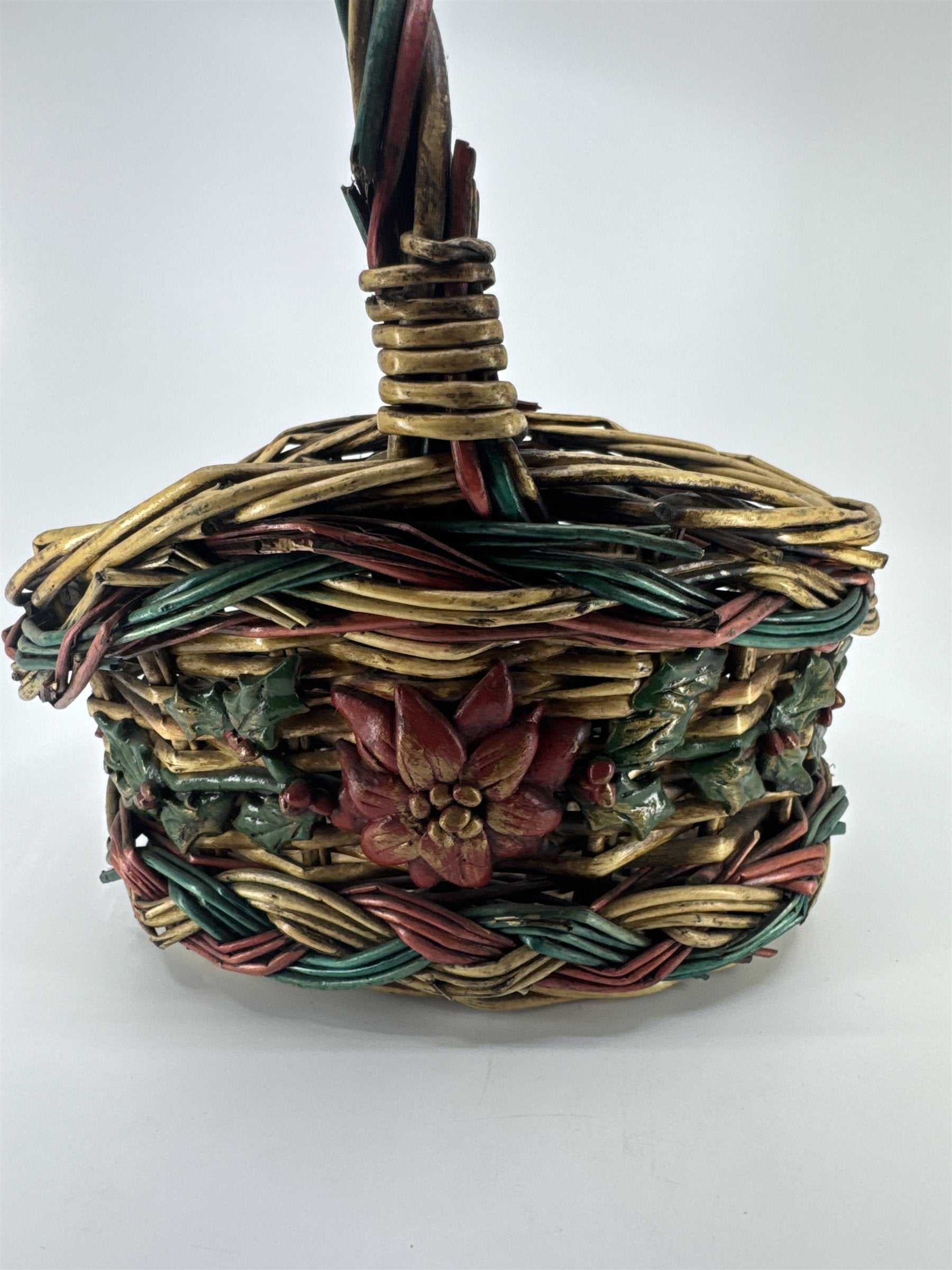 Vintage Christmas Decorative Wicker Basket w/ Poinsettia And Holly Berries