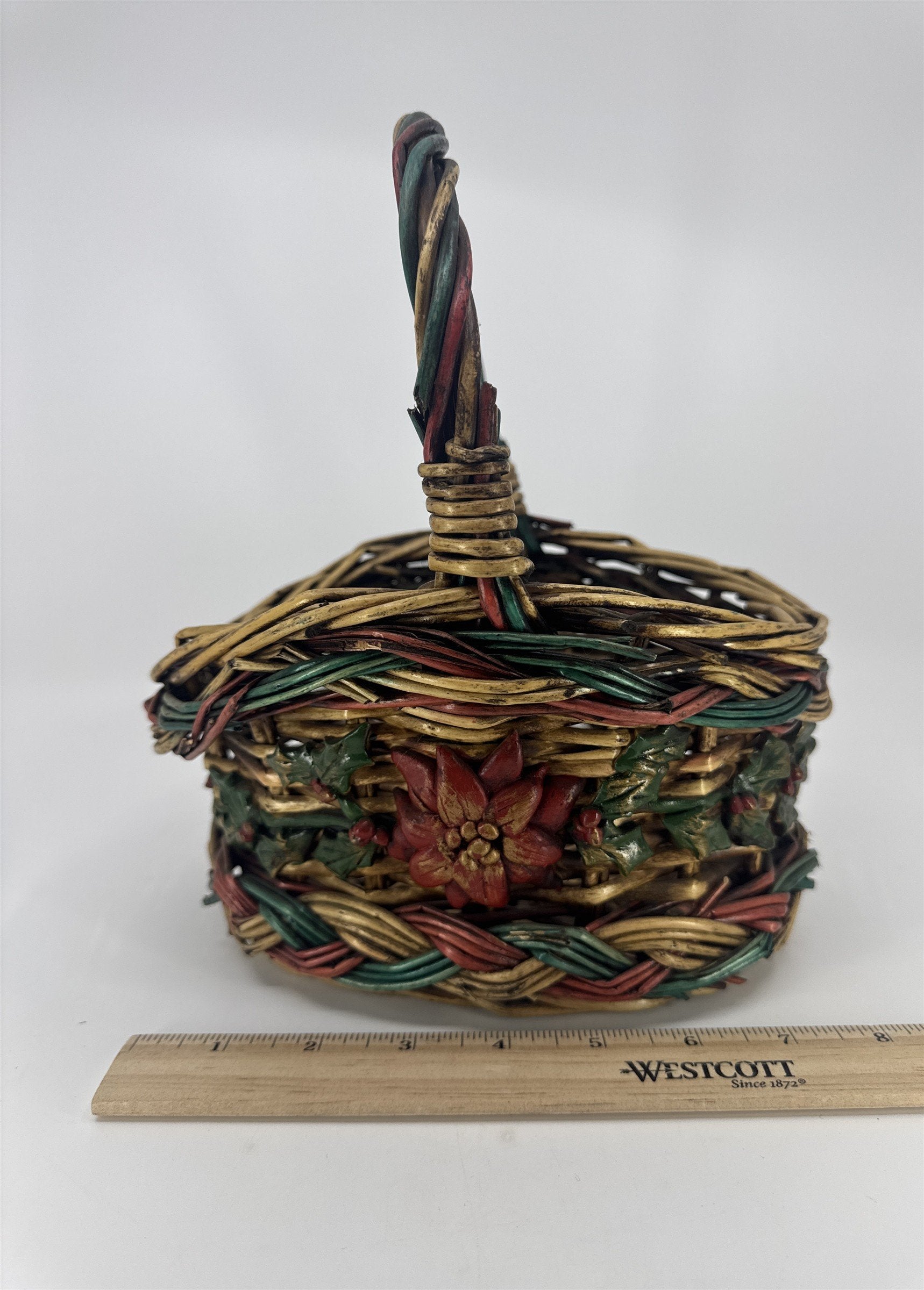 Vintage Christmas Decorative Wicker Basket w/ Poinsettia And Holly Berries
