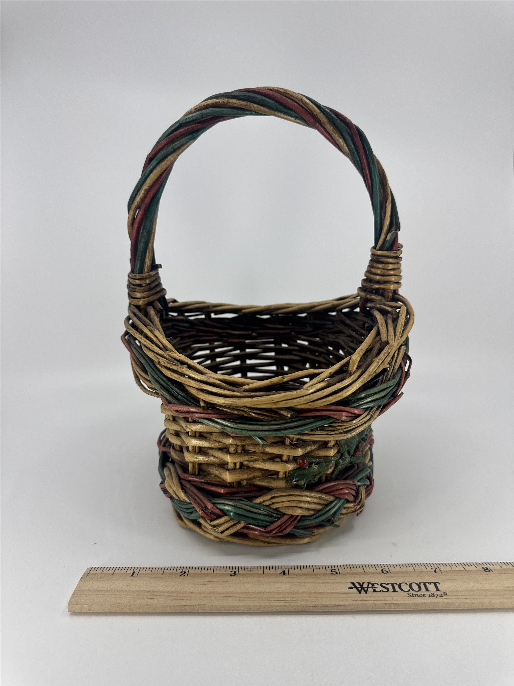 Vintage Christmas Decorative Wicker Basket w/ Poinsettia And Holly Berries