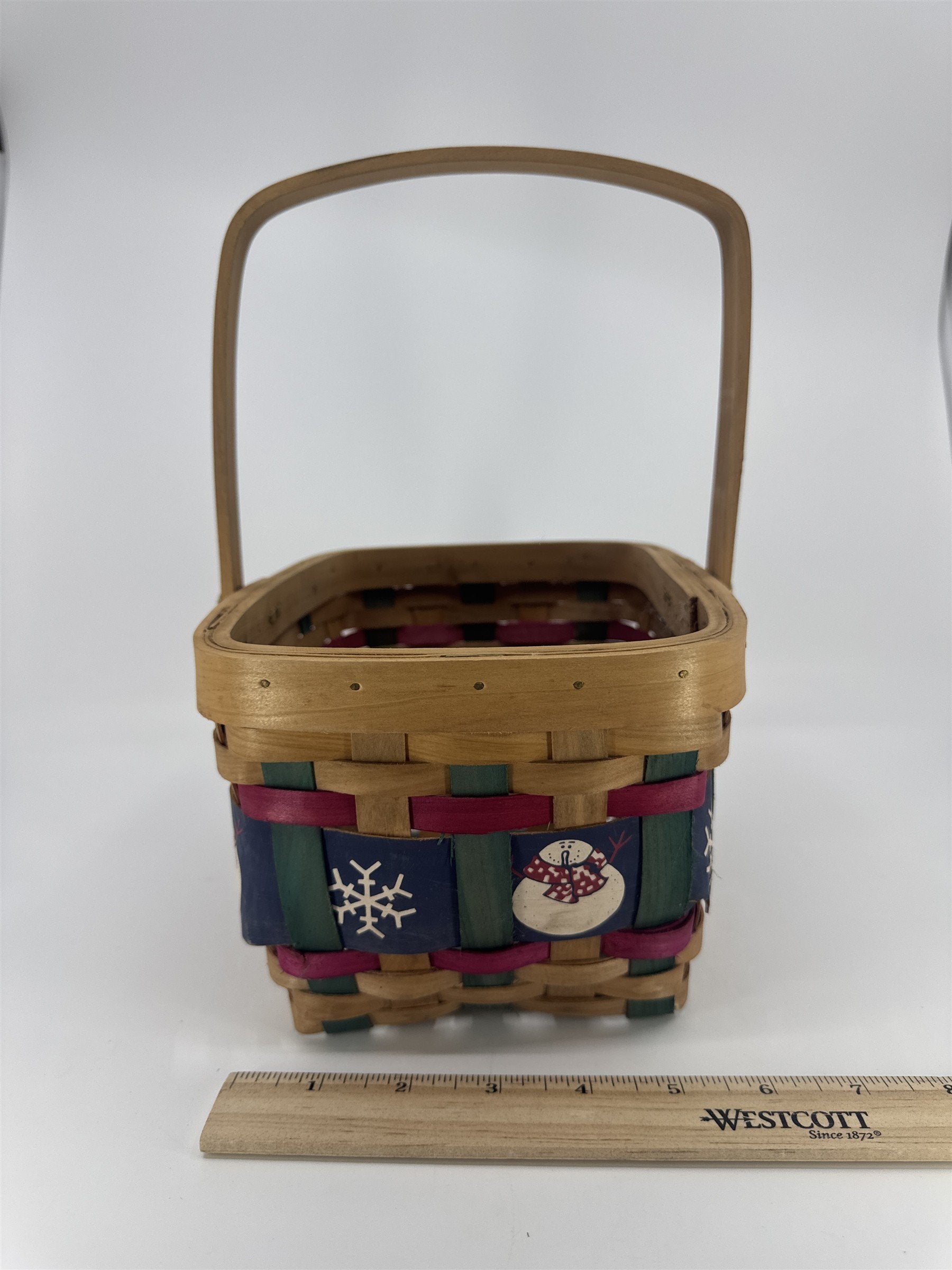 Vintage Christmas Decorative Basket w/ Snowmen And Snowflakes *Small Cracks