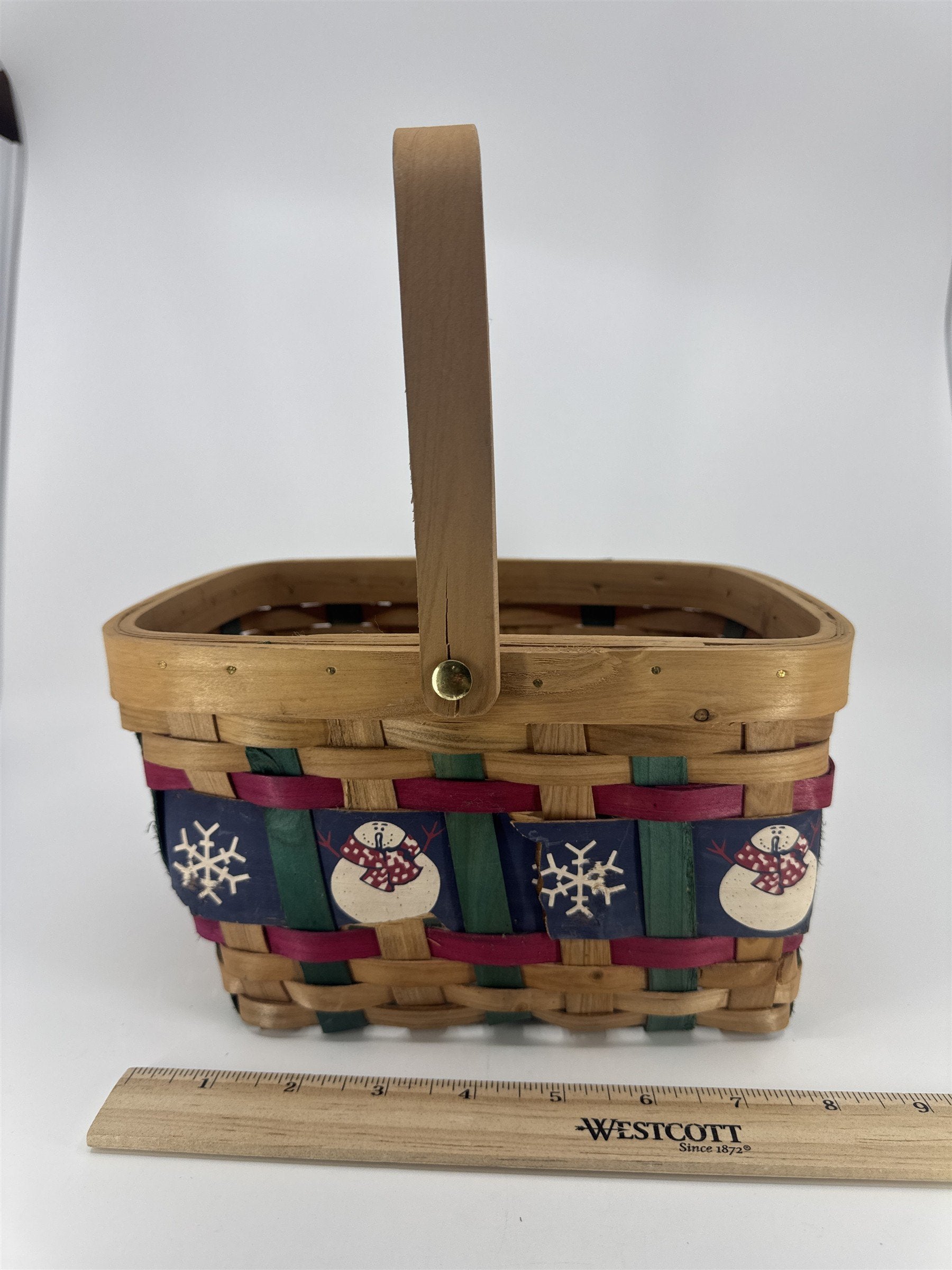 Vintage Christmas Decorative Basket w/ Snowmen And Snowflakes *Small Cracks