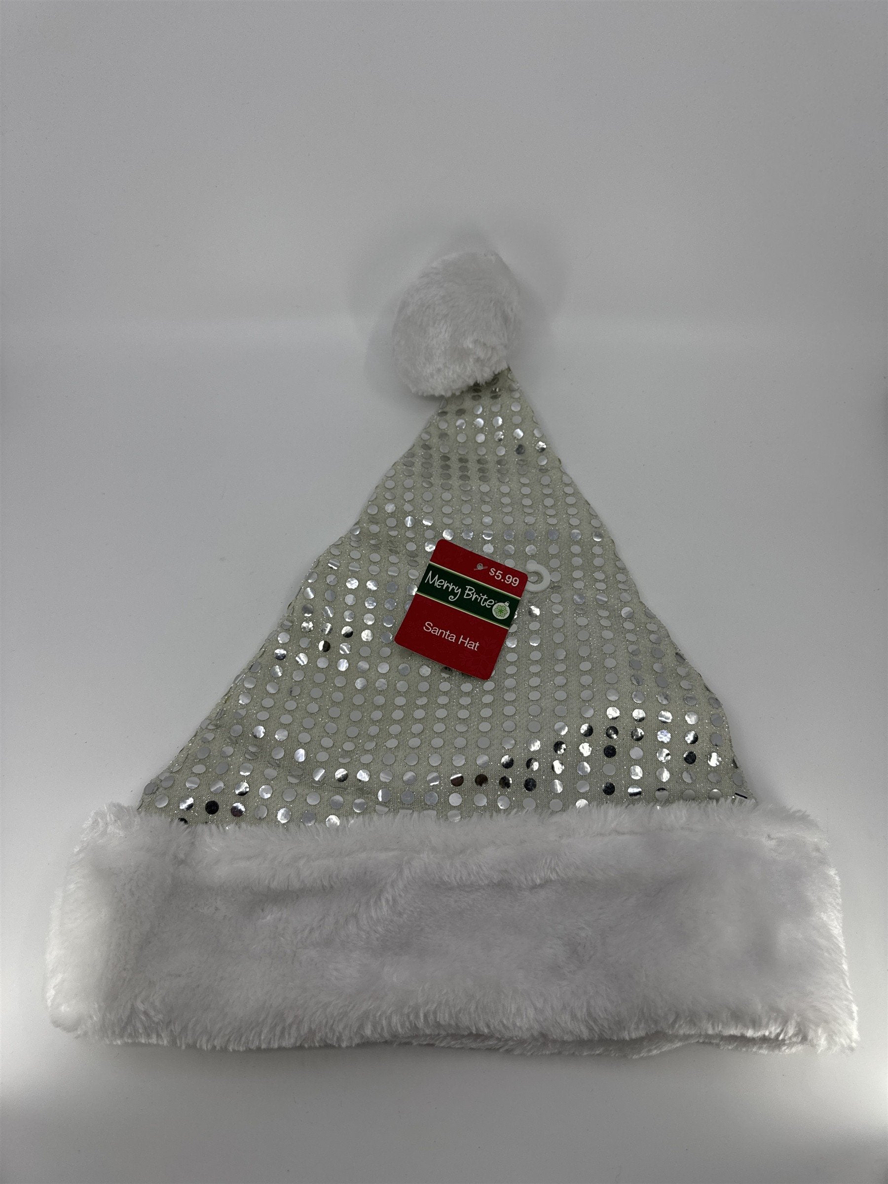 Christmas Santa Clause White And Silver Sequin/Glitter Merry Brite Santa Hat