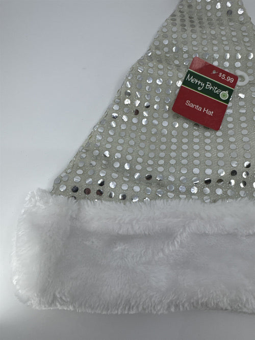 Christmas Santa Clause White And Silver Sequin/Glitter Merry Brite Santa Hat