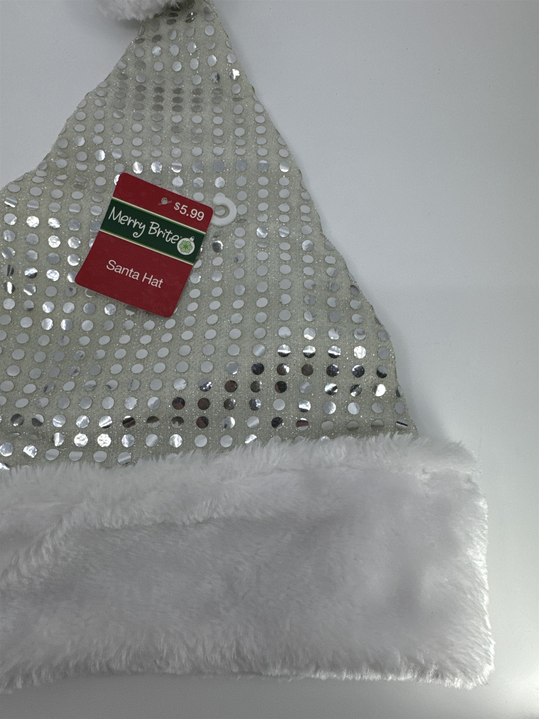 Christmas Santa Clause White And Silver Sequin/Glitter Merry Brite Santa Hat